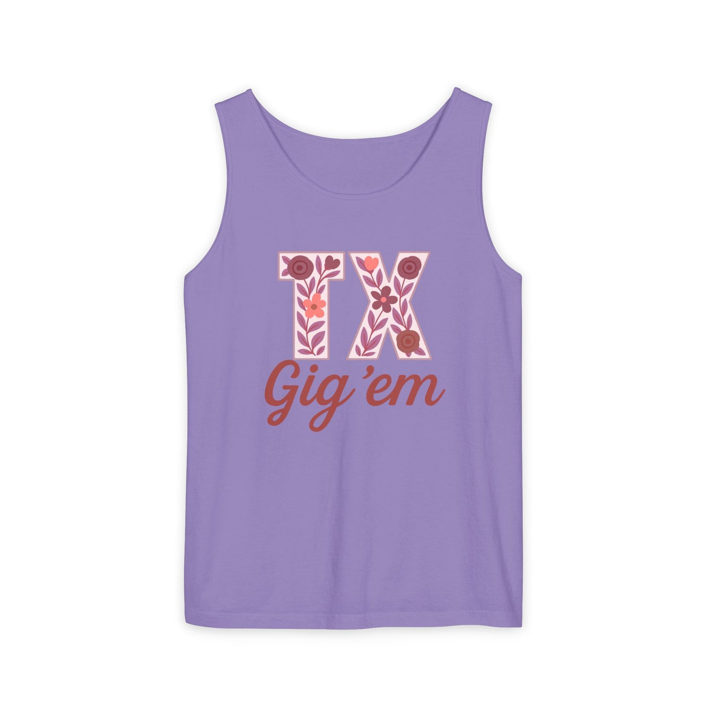 Texas Gig 'Em Tank Top, Unisex Summer Apparel, Cute Floral Design, Perfect for College Fans, Gifts, Comfort Colors, Graduation Gift