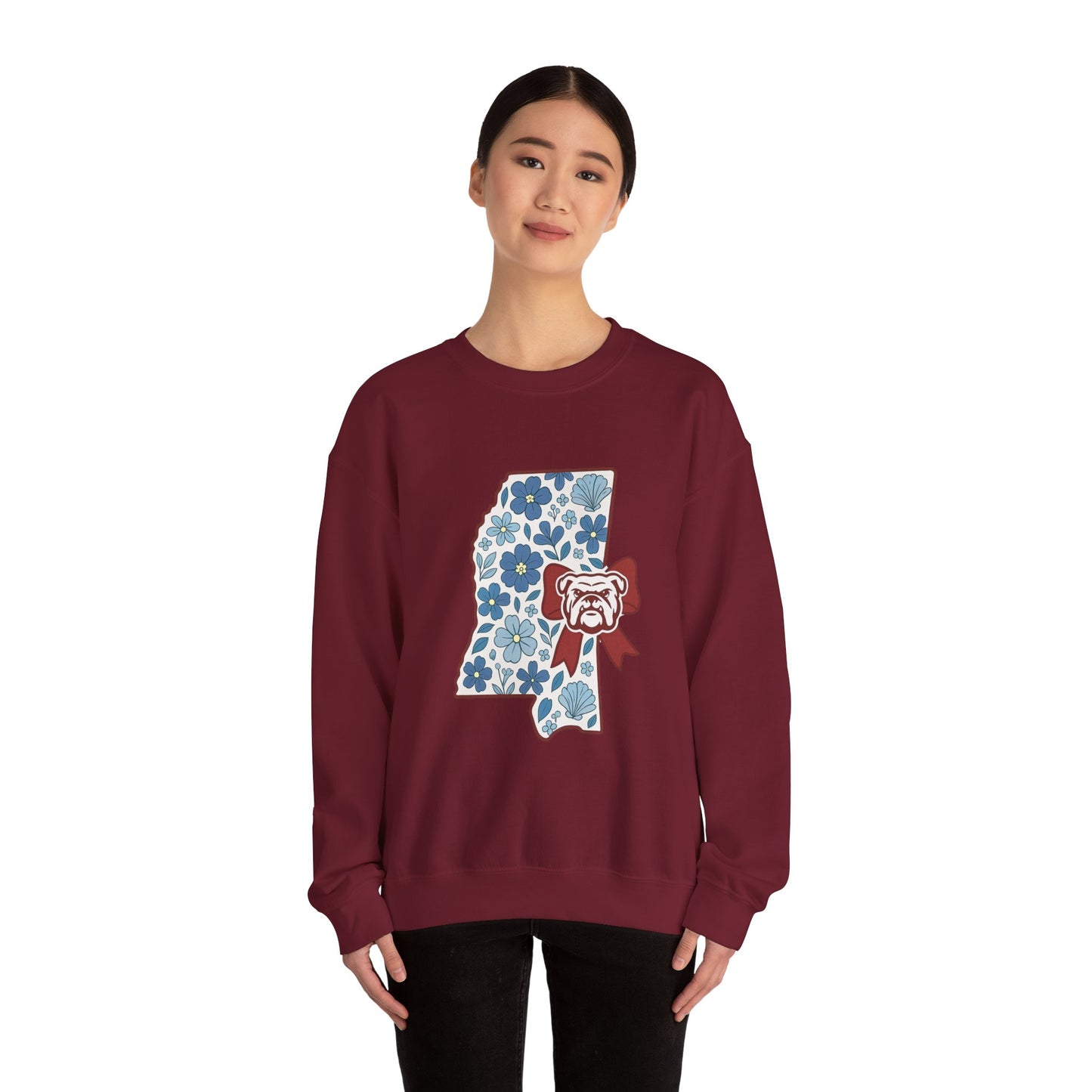 Mississippi Flower Bulldog Crewneck Sweatshirt, Cozy Sweatshirt for Fall, Gift for Dog Lovers, College Apparel, Casual Fashion