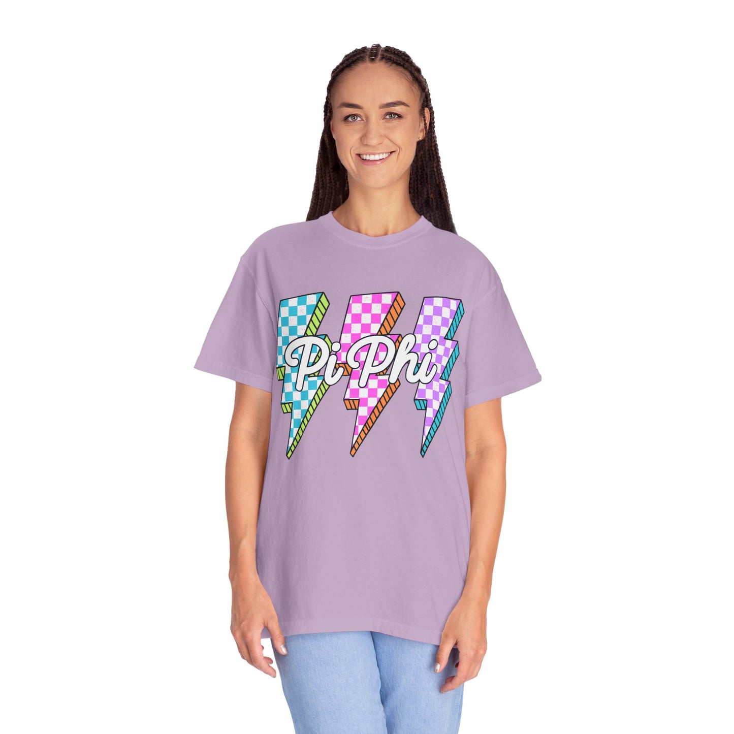 PB Phi Lightning Bolt Unisex T-shirt | Vibrant Greek Life Apparel, Unique Gift for Sorority Sisters, Casual Wear, Celebrating Sisterhood
