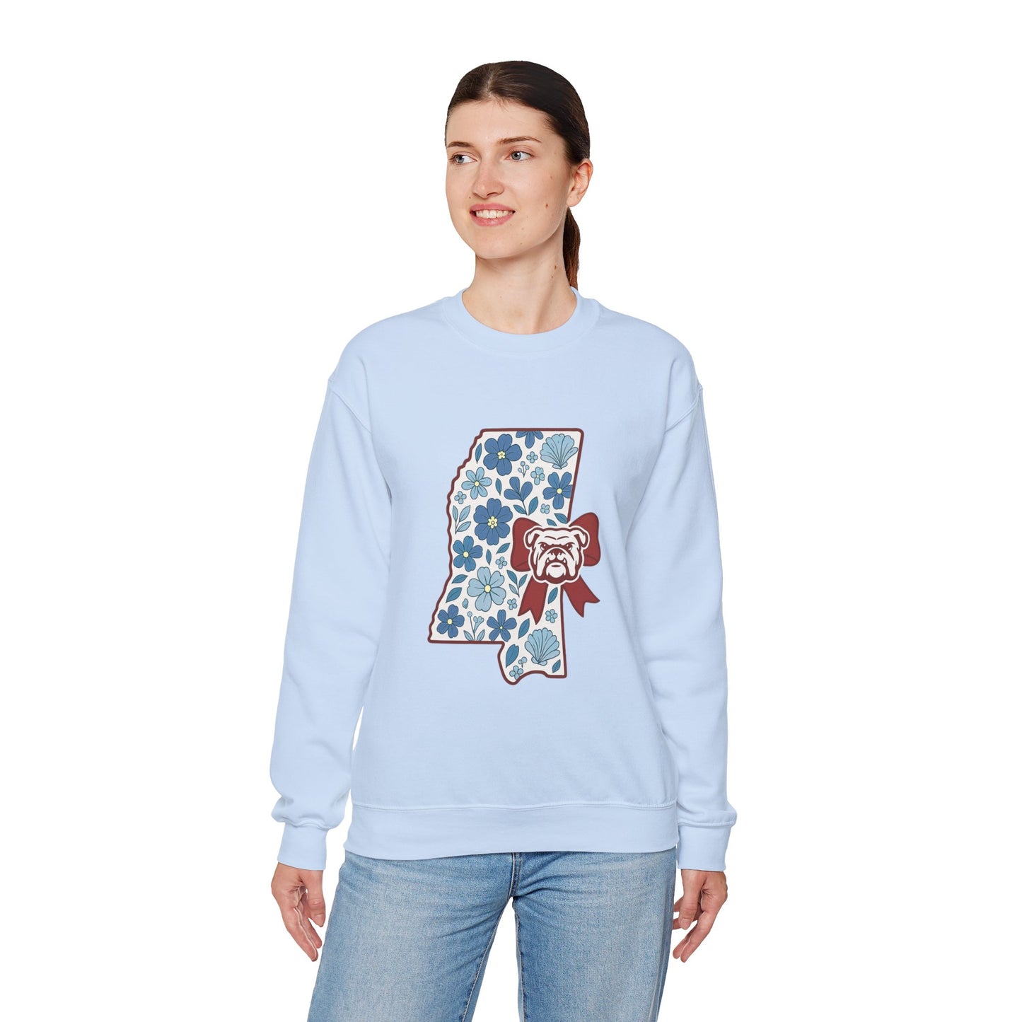 Mississippi Flower Bulldog Crewneck Sweatshirt, Cozy Sweatshirt for Fall, Gift for Dog Lovers, College Apparel, Casual Fashion