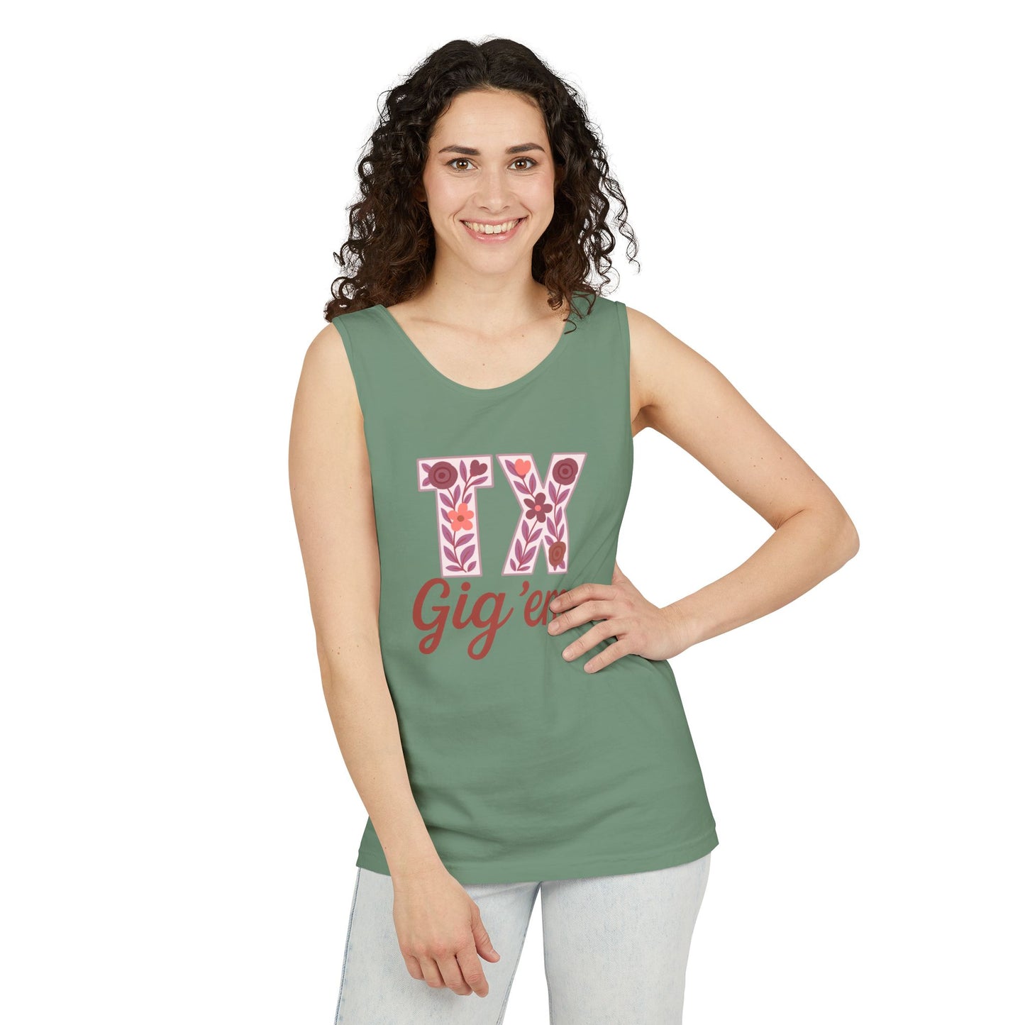 Texas Gig 'Em Tank Top, Unisex Summer Apparel, Cute Floral Design, Perfect for College Fans, Gifts, Comfort Colors, Graduation Gift