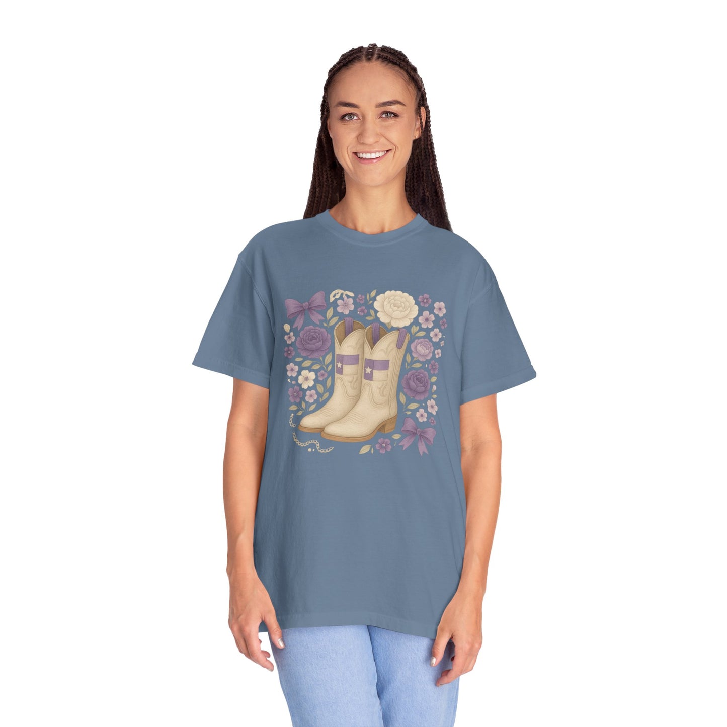 Whimsical Floral Boots Unisex T-Shirt | Casual Style, Gift for Her, Texas Christian University, TCU Frogs, Comfort Colors, Texas Fan gift, Graduation Gift