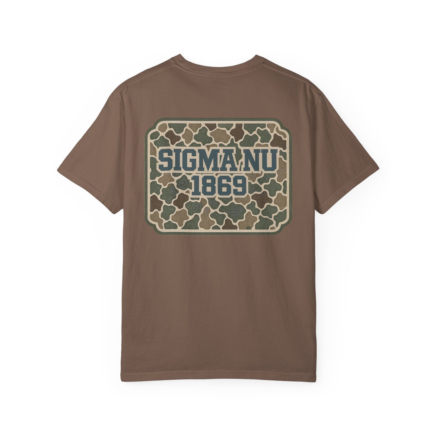 SigmaNu Camouflage T-Shirt | Unisex Garment-Dyed Tee for Greek Life | Ideal for Fraternity Events, Casual Wear, Gifts, Game Days