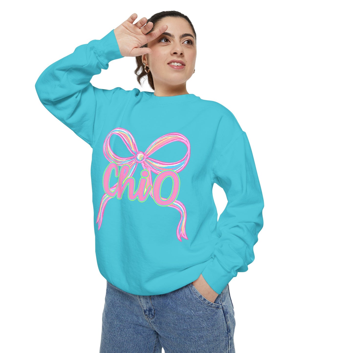 CHIO Chic Bow Graphic Unisex Garment-Dyed Sweatshirt, Cozy Pullover, Fashionable Gift, Casual Outfit, Spring Style, Trendy Apparel