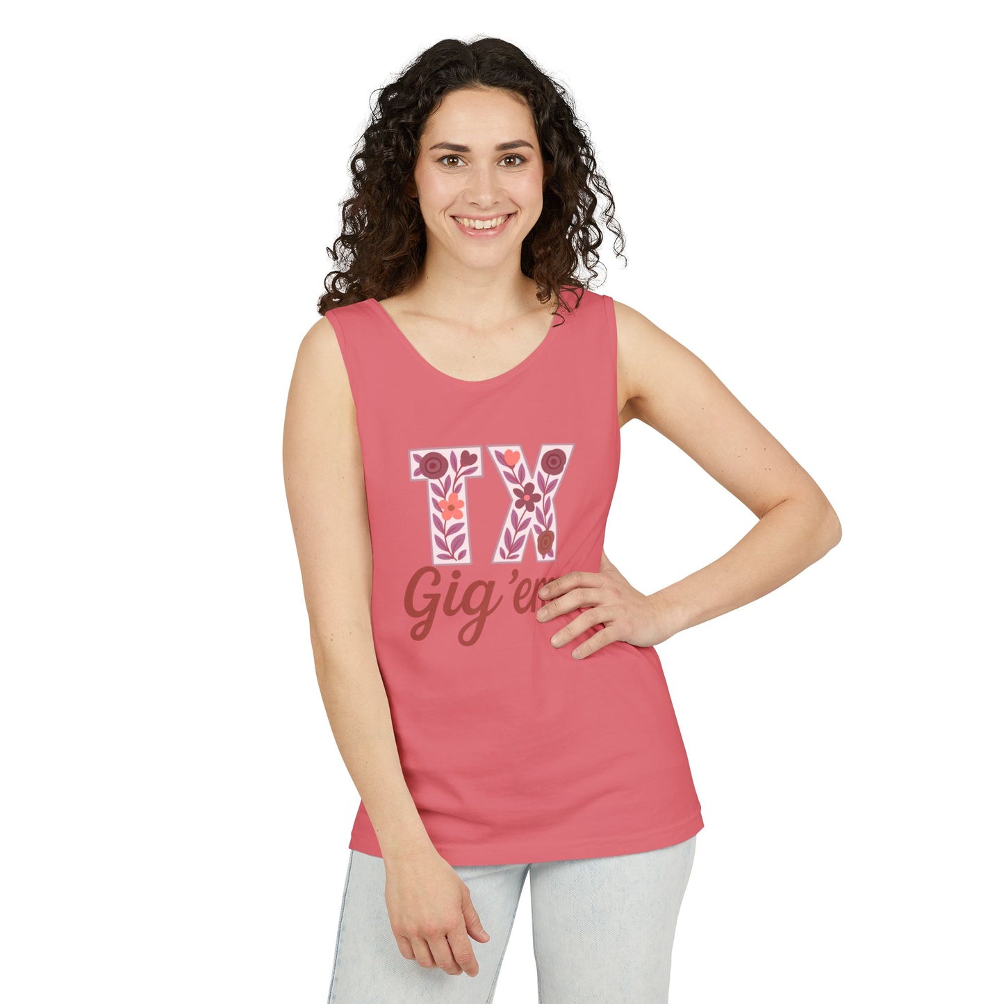 Texas Gig 'Em Tank Top, Unisex Summer Apparel, Cute Floral Design, Perfect for College Fans, Gifts, Comfort Colors, Graduation Gift