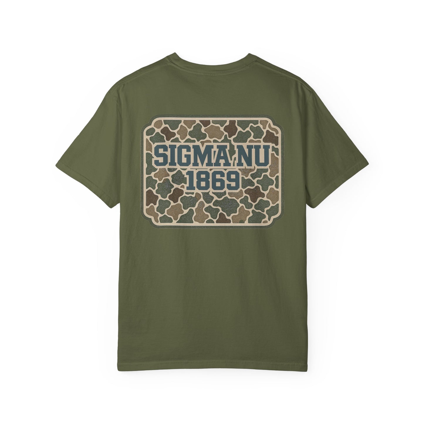 SigmaNu Camouflage T-Shirt | Unisex Garment-Dyed Tee for Greek Life | Ideal for Fraternity Events, Casual Wear, Gifts, Game Days