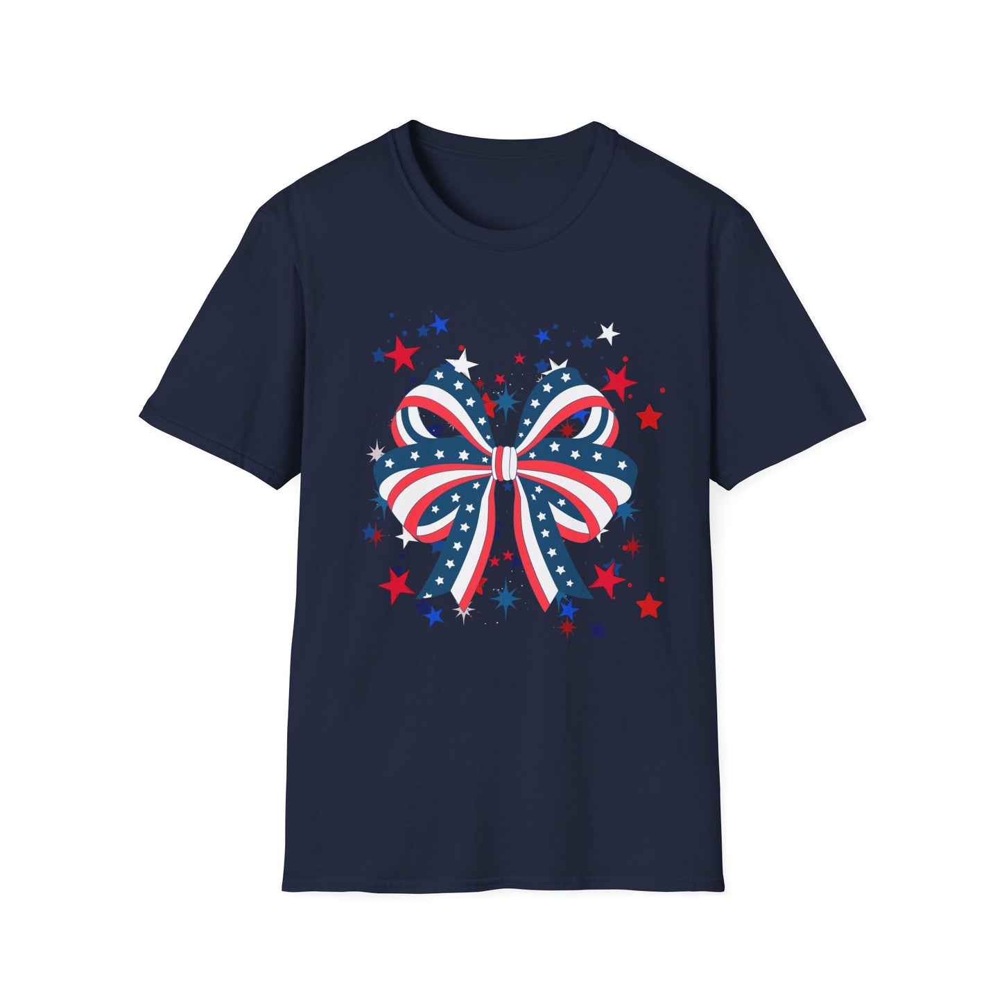 Patriotic Bow T-Shirt for Celebrations, 4th of July, Summer BBQ, Casual Outfit, Gift for Her, Unisex Softstyle Tee