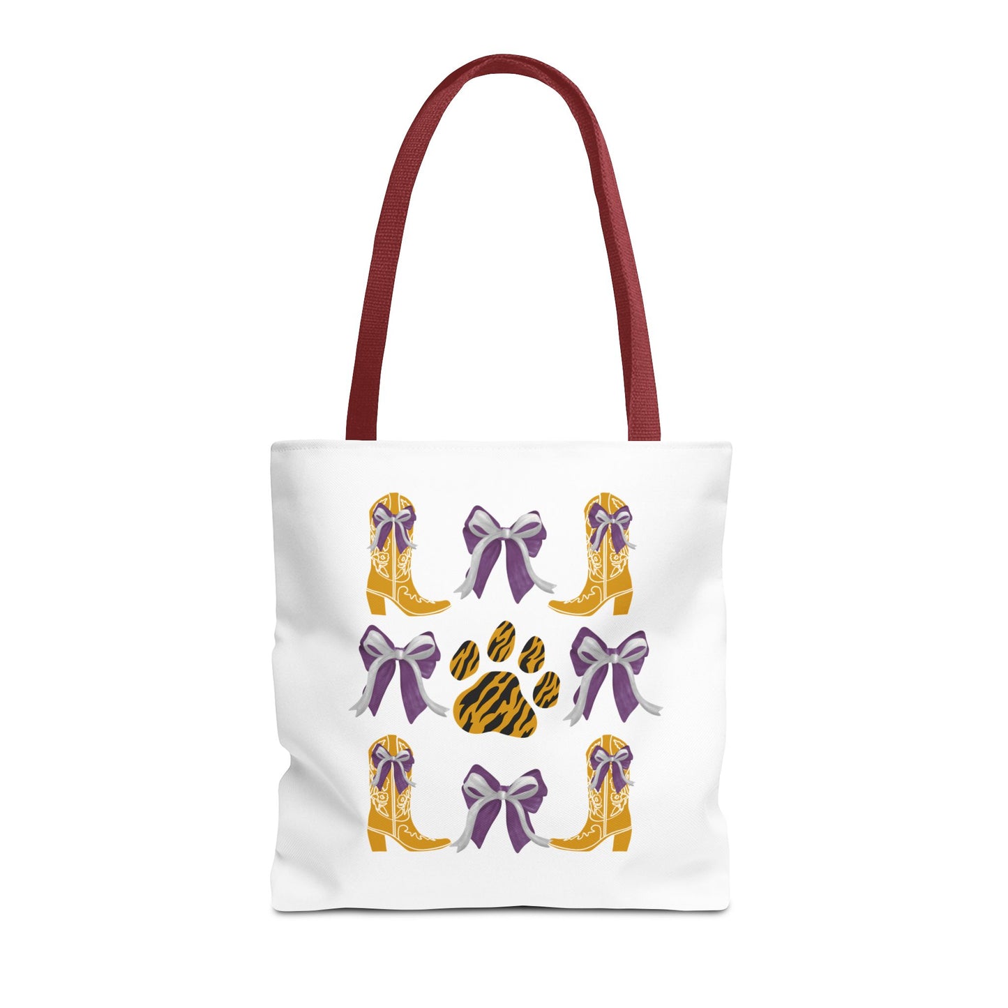 LSu coquette bow Print Tote Bag, Eco-Friendly Fashion Bag, lsu tiger fan, louisiana game day, geaux tigers, college student gift, graduation gift