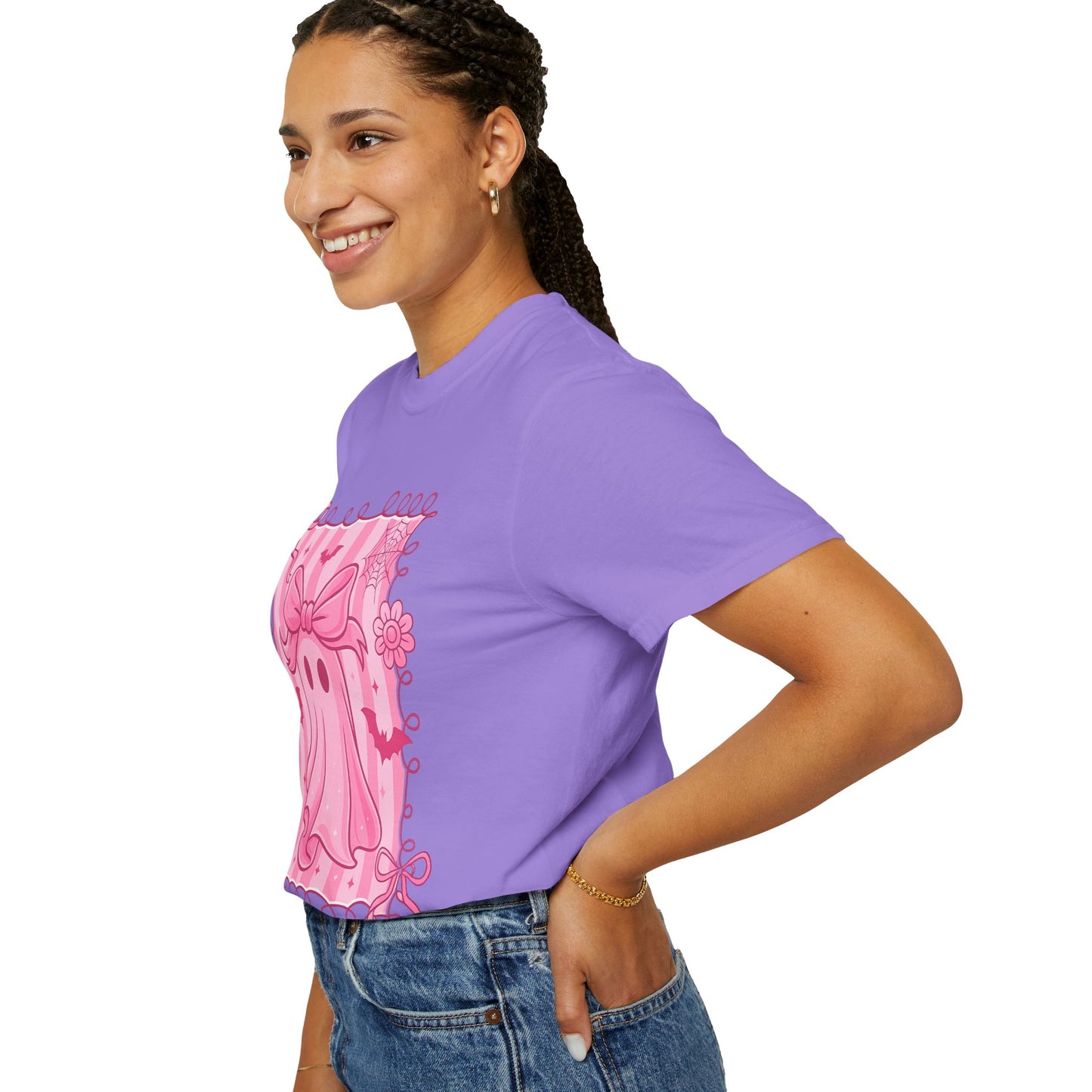 Cute Pink Ghost Graphic T-Shirt, Pink Halloween Tee, Unisex Garment-Dyed Top, Spooky Style for Fall, Trick or Treat Fashion