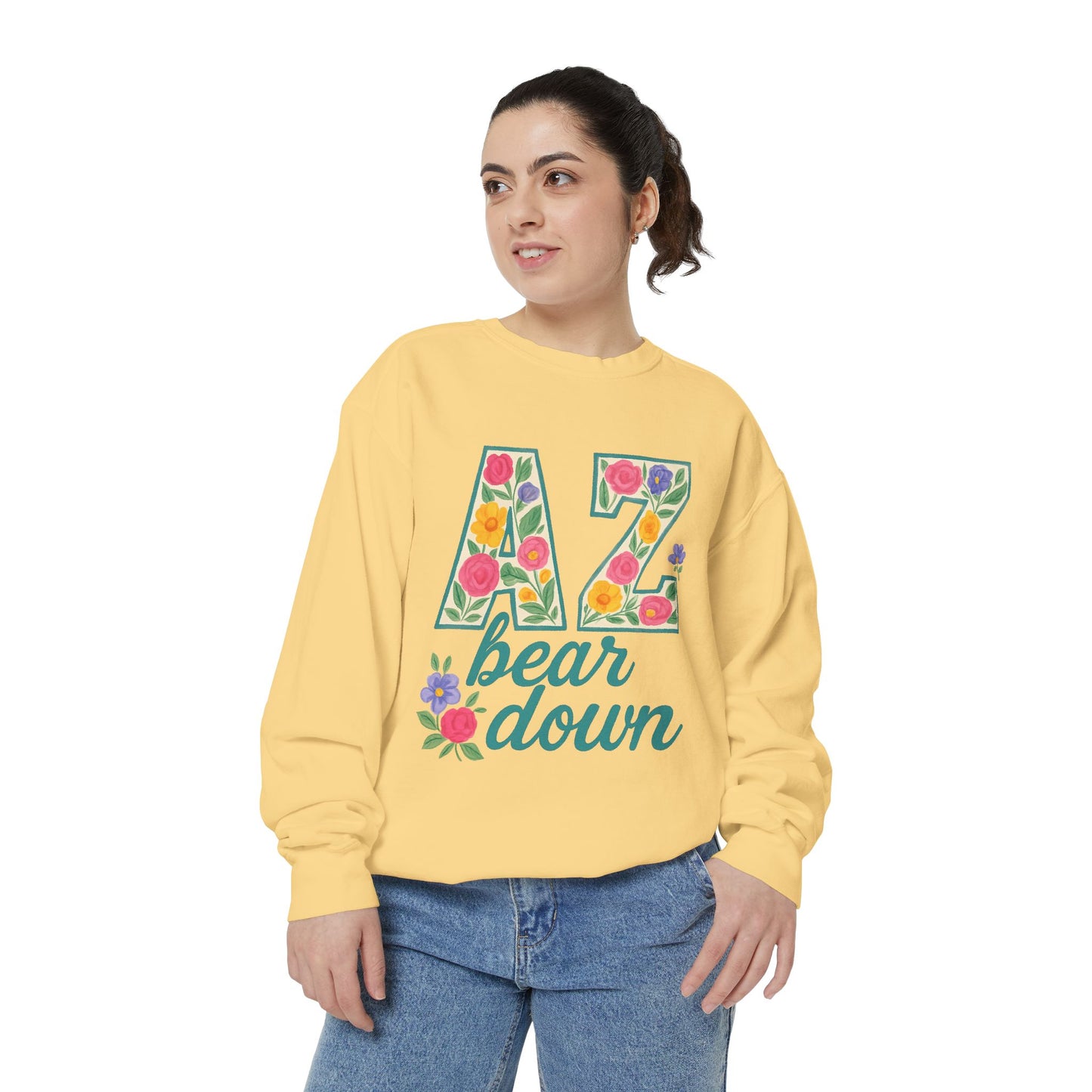 Arizona Floral Sweatshirt, Cozy Unisex Sweatshirt, Trendy Fall Layer, Gift for Him/Her, Sports Spirit Apparel, Bear Down AZ
