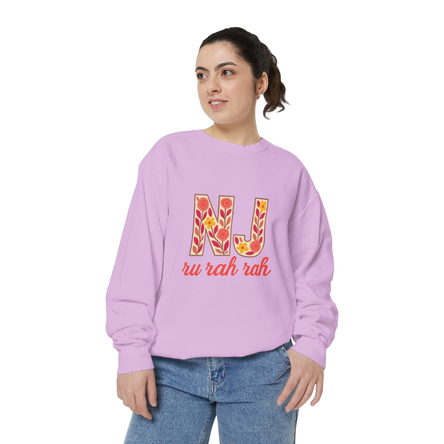 Cheerful NJ Garment-Dyed Sweatshirt, Cozy Unisex Pullover for School Spirit, Fall Fashion, Gift for College Students, Relaxed Fit