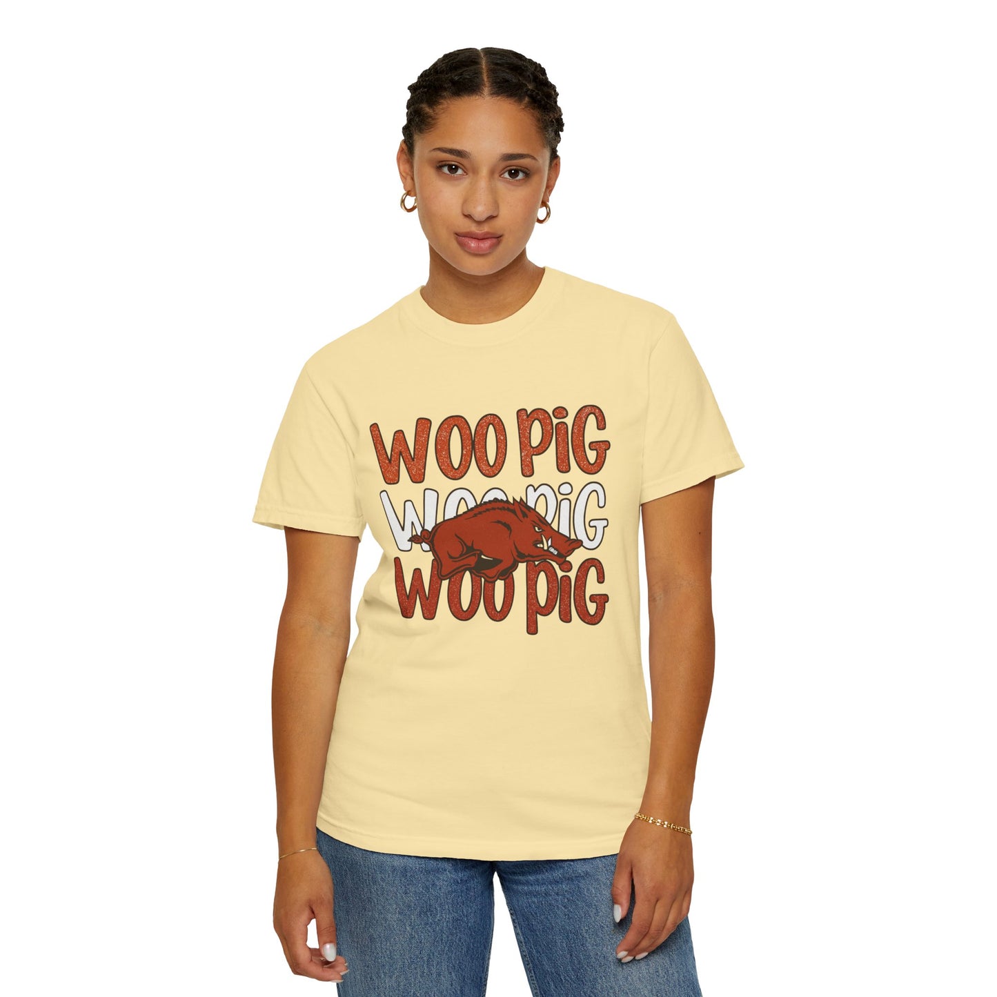 Woo Pig Garment-Dyed T-Shirt, Unisex Tee, Arkansas Pride Shirt, Casual Everyday Wear, College Game Day Tee, Fun Graphic Tee