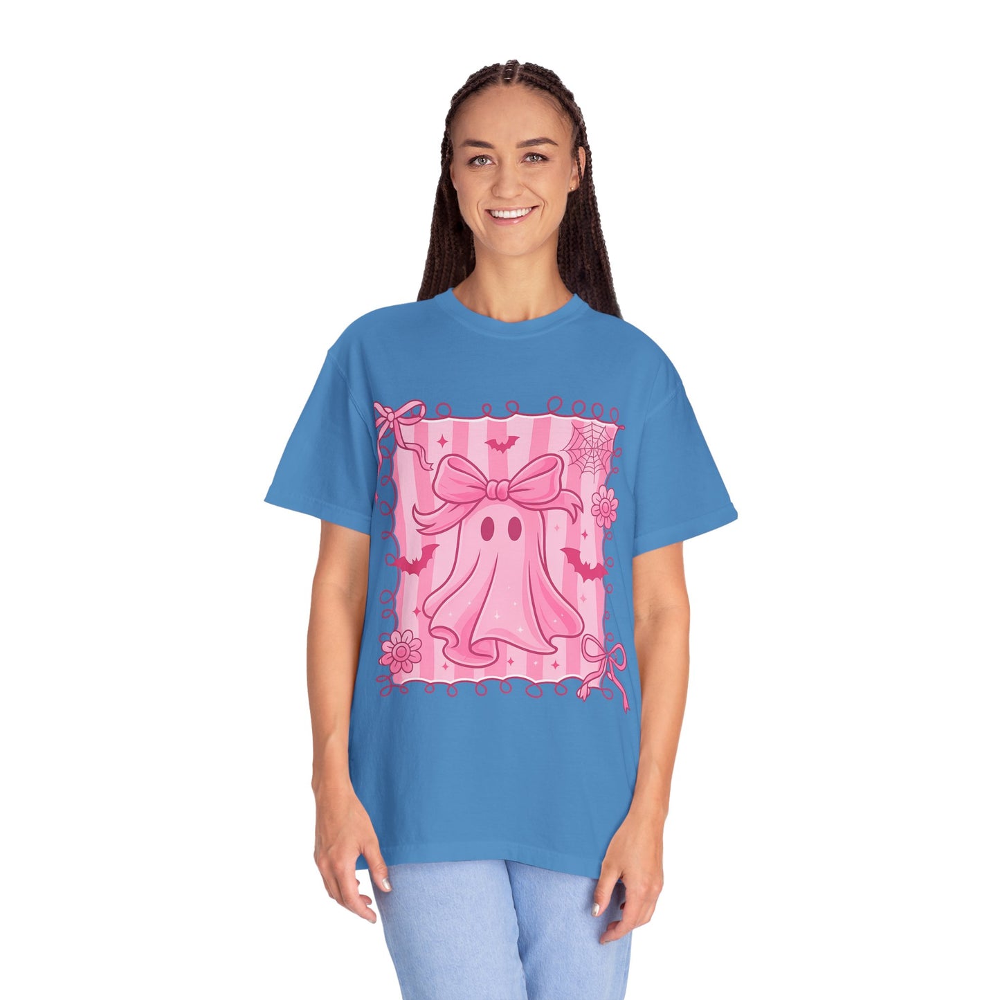 Cute Pink Ghost Graphic T-Shirt, Pink Halloween Tee, Unisex Garment-Dyed Top, Spooky Style for Fall, Trick or Treat Fashion
