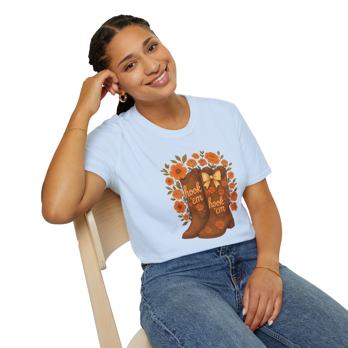 Tx Hook Em Floral Cowboy Boot T-Shirt, Hook 'Em Tee, Autumn Apparel, Country Style, Gift for Her, tx longhorns, texas fan gift, hook em horns, graduation gift, college student gift
