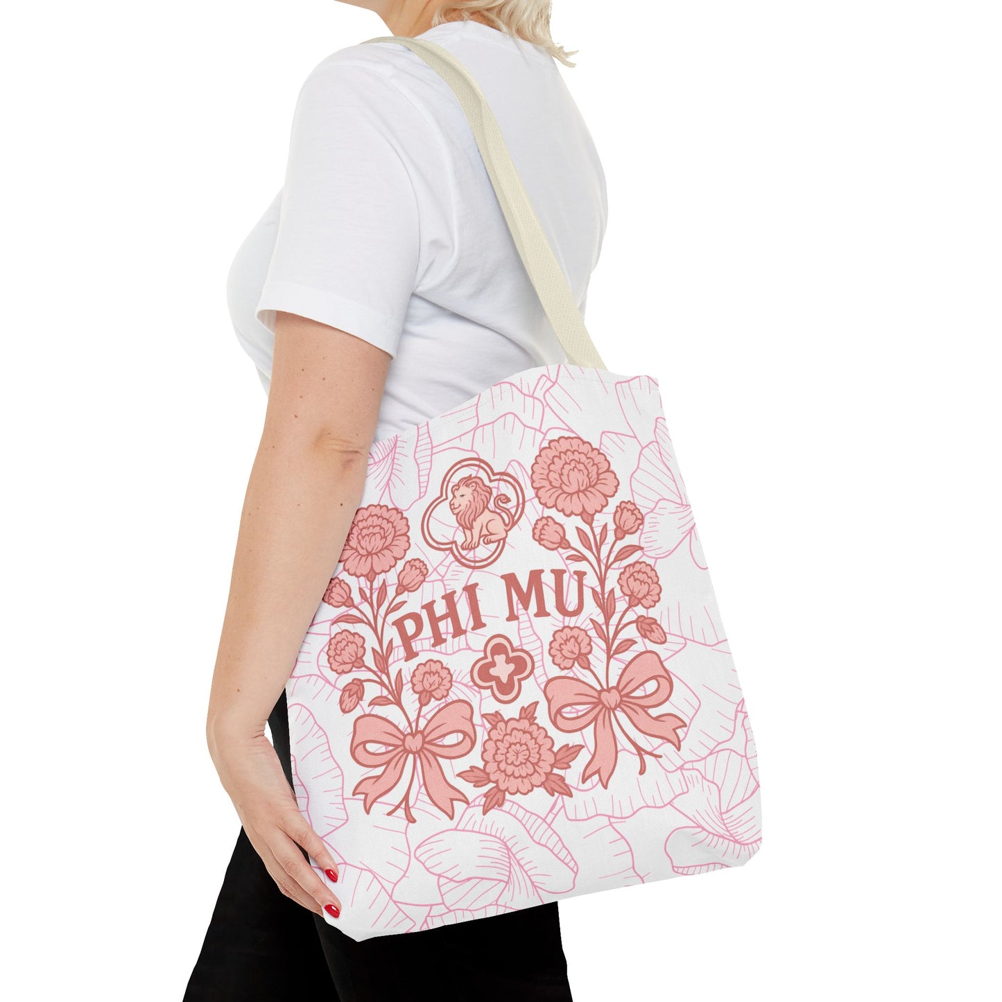 Phi Mu Floral Tote Bag, Sorority Bag, Gift for Sorority Sisters, Pink Floral Tote, College Essentials, AOP Design