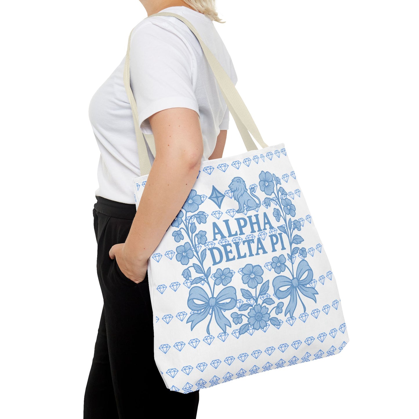 Alpha Delta Pi Floral Tote Bag - Stylish Sorority Accessory, Gift for College Students, Everyday Use, Blue Floral Design, AOP Style