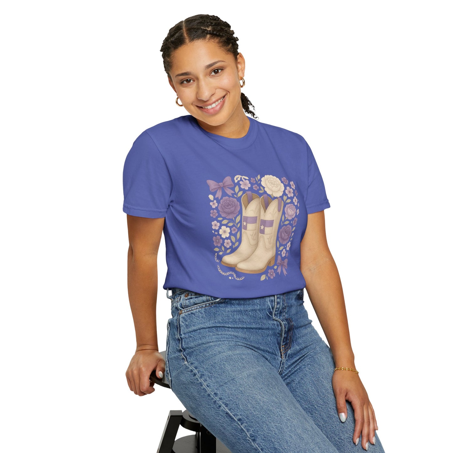 Whimsical Floral Boots Unisex T-Shirt | Casual Style, Gift for Her, Texas Christian University, TCU Frogs, Comfort Colors, Texas Fan gift, Graduation Gift