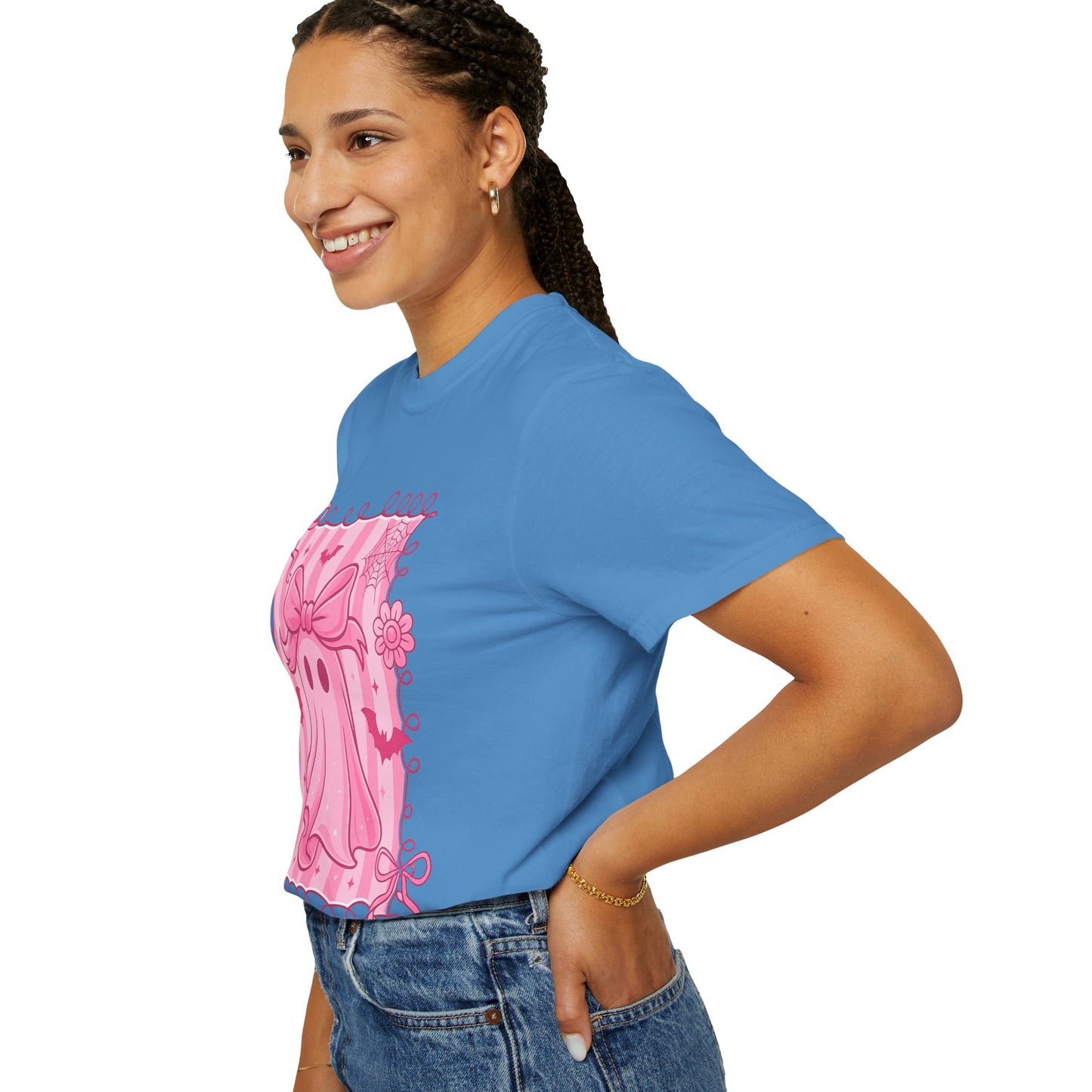 Cute Pink Ghost Graphic T-Shirt, Pink Halloween Tee, Unisex Garment-Dyed Top, Spooky Style for Fall, Trick or Treat Fashion
