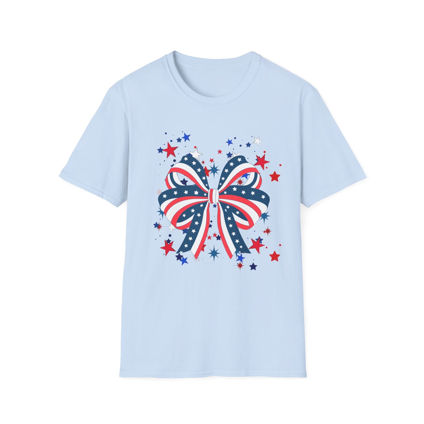 Patriotic Bow T-Shirt for Celebrations, 4th of July, Summer BBQ, Casual Outfit, Gift for Her, Unisex Softstyle Tee