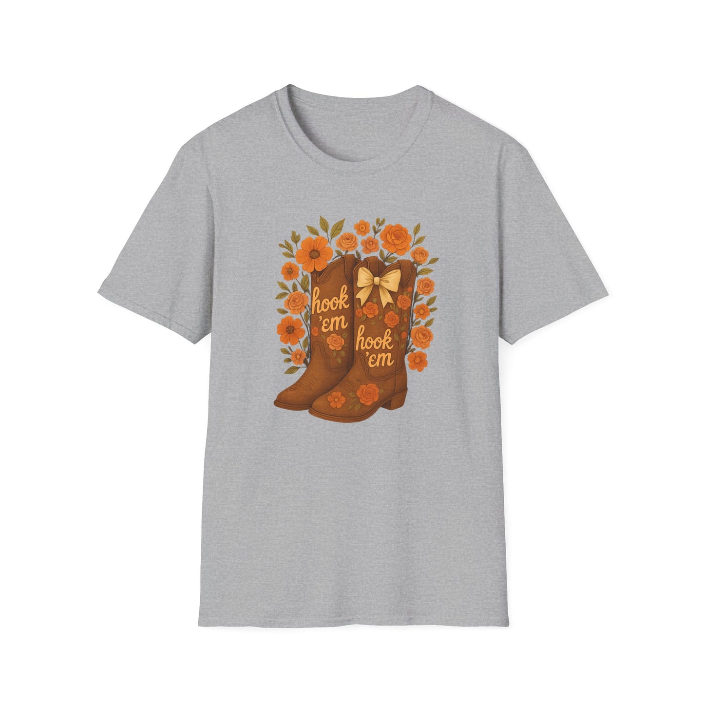 Tx Hook Em Floral Cowboy Boot T-Shirt, Hook 'Em Tee, Autumn Apparel, Country Style, Gift for Her, tx longhorns, texas fan gift, hook em horns, graduation gift, college student gift