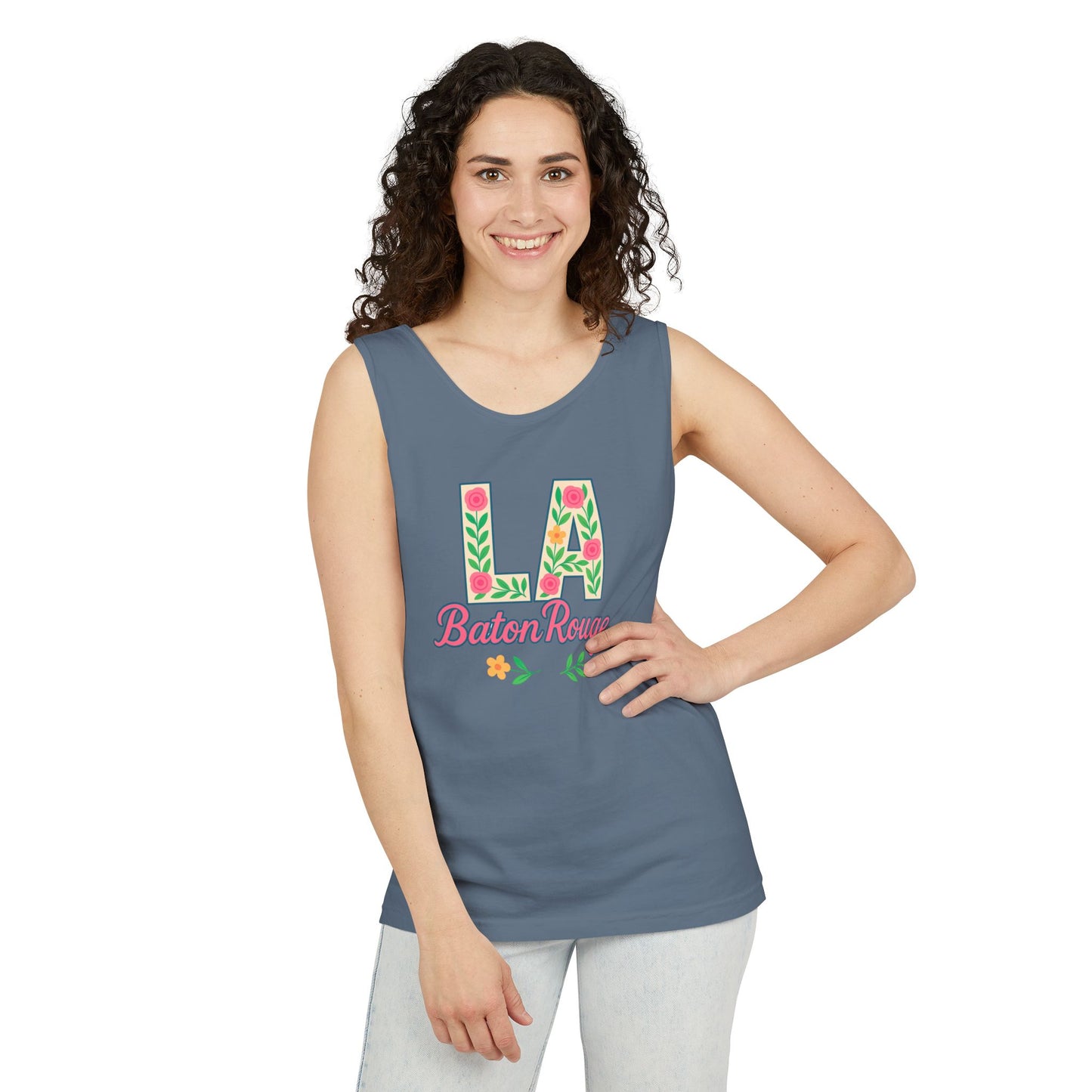 LA Baton Rouge Floral Tank Top, Summer Vibes, Unisex Apparel, Gift for Friends, Vacation Outfit, Spring/Summer Wear, Comfort Colors, Graduation Gift
