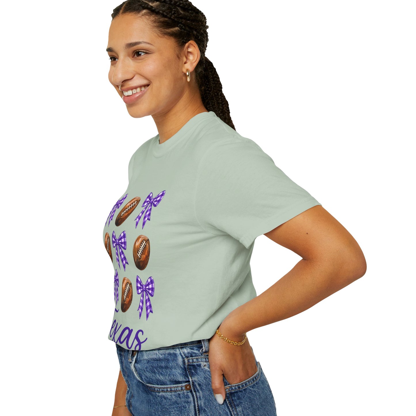 Texas Football Unisex T-Shirt with Purple Bows - Game Day Sports Apparel for Horned Frogs Fans