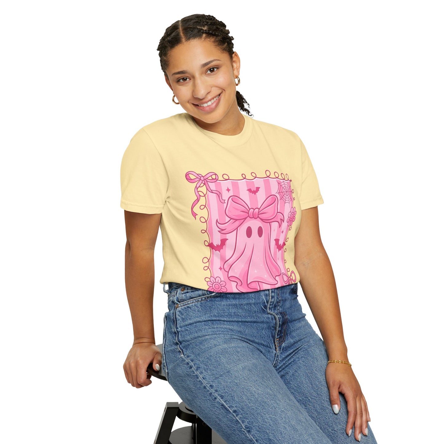 Cute Pink Ghost Graphic T-Shirt, Pink Halloween Tee, Unisex Garment-Dyed Top, Spooky Style for Fall, Trick or Treat Fashion