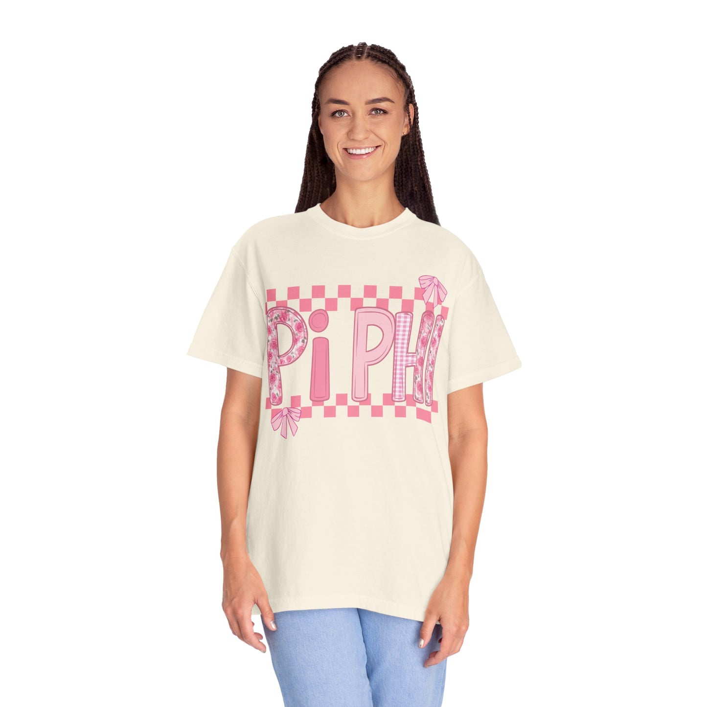 Cute Garment-Dyed T-Shirt for Sorority Sisters, Pi -Checked Style, Perfect for Casual Outings, Sorority Events, Gifts