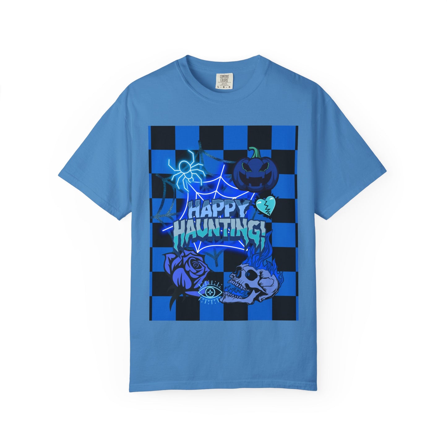Happy Haunting Unisex Garment-Dyed T-shirt, Halloween Tee, Spooky Shirt, Fall Fashion, Casual Wear, Pumpkin Fest