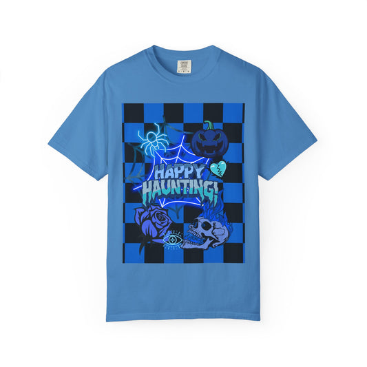 Happy Haunting Unisex Garment-Dyed T-shirt, Halloween Tee, Spooky Shirt, Fall Fashion, Casual Wear, Pumpkin Fest