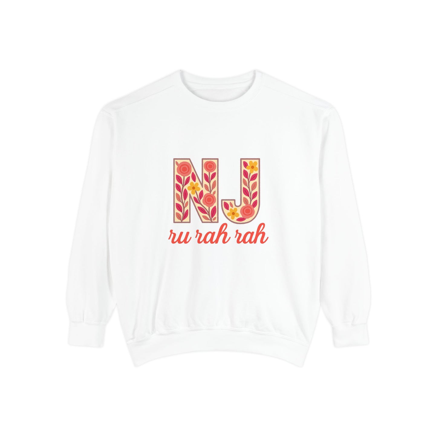 Cheerful NJ Garment-Dyed Sweatshirt, Cozy Unisex Pullover for School Spirit, Fall Fashion, Gift for College Students, Relaxed Fit
