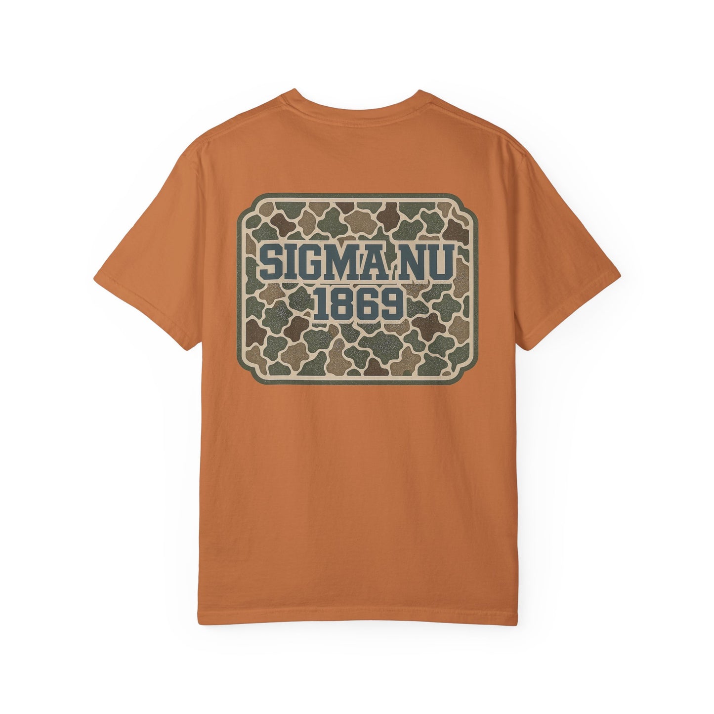 SigmaNu Camouflage T-Shirt | Unisex Garment-Dyed Tee for Greek Life | Ideal for Fraternity Events, Casual Wear, Gifts, Game Days