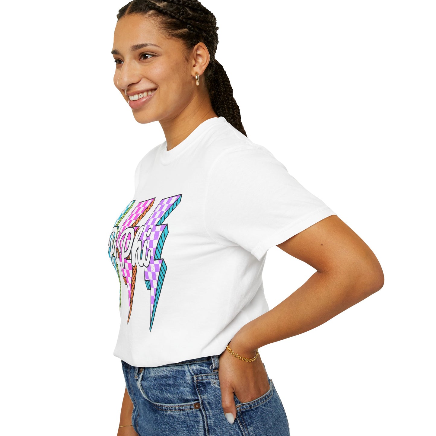 PB Phi Lightning Bolt Unisex T-shirt | Vibrant Greek Life Apparel, Unique Gift for Sorority Sisters, Casual Wear, Celebrating Sisterhood