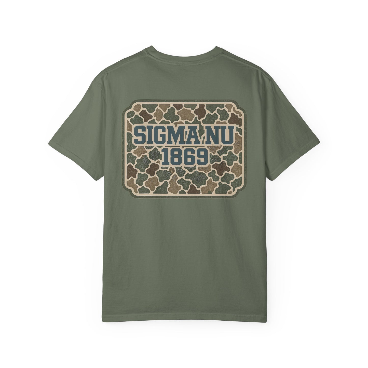 SigmaNu Camouflage T-Shirt | Unisex Garment-Dyed Tee for Greek Life | Ideal for Fraternity Events, Casual Wear, Gifts, Game Days