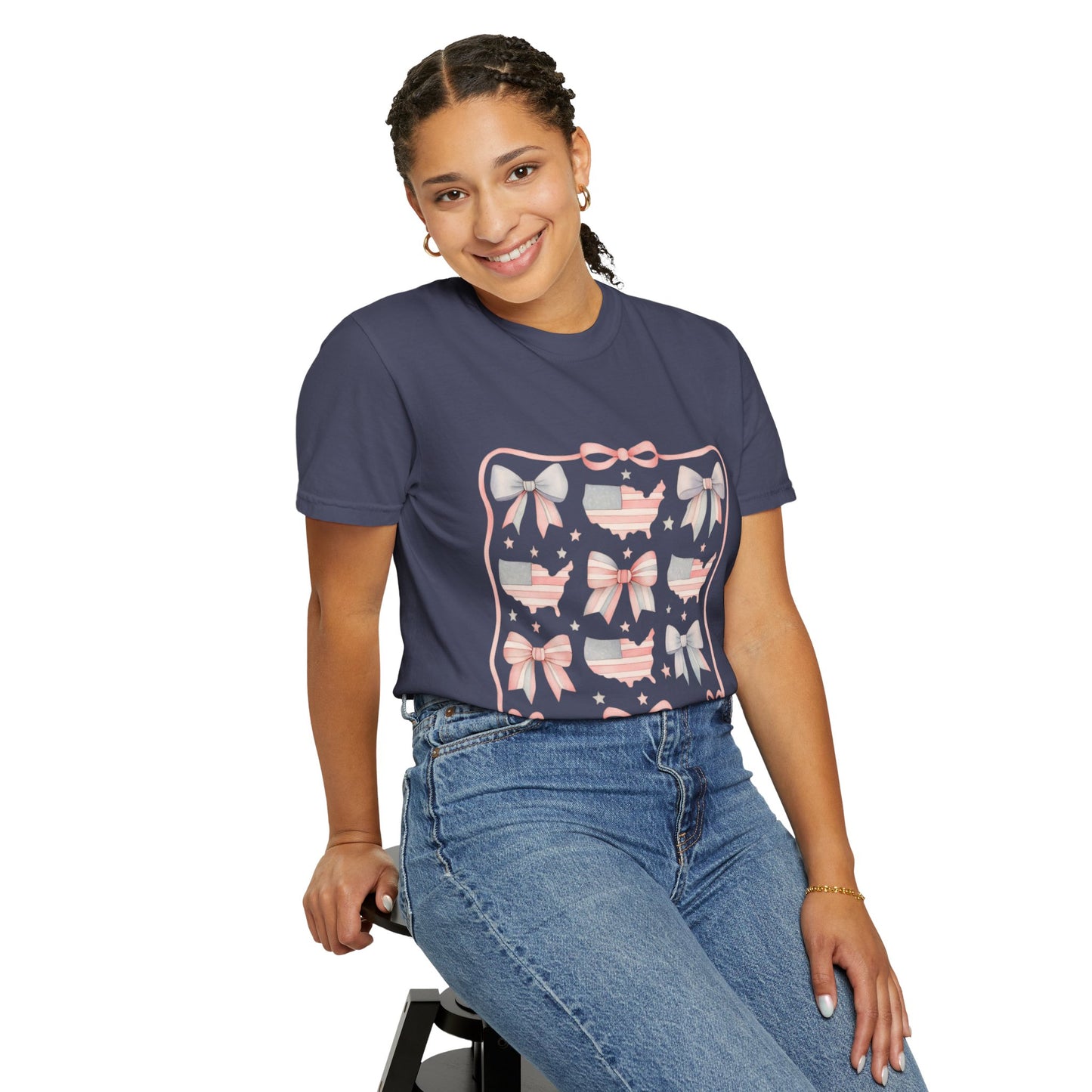 America Coquette Cute Bow Pattern Comfort Colors Unisex T-Shirt - 4th of July USA Celebration