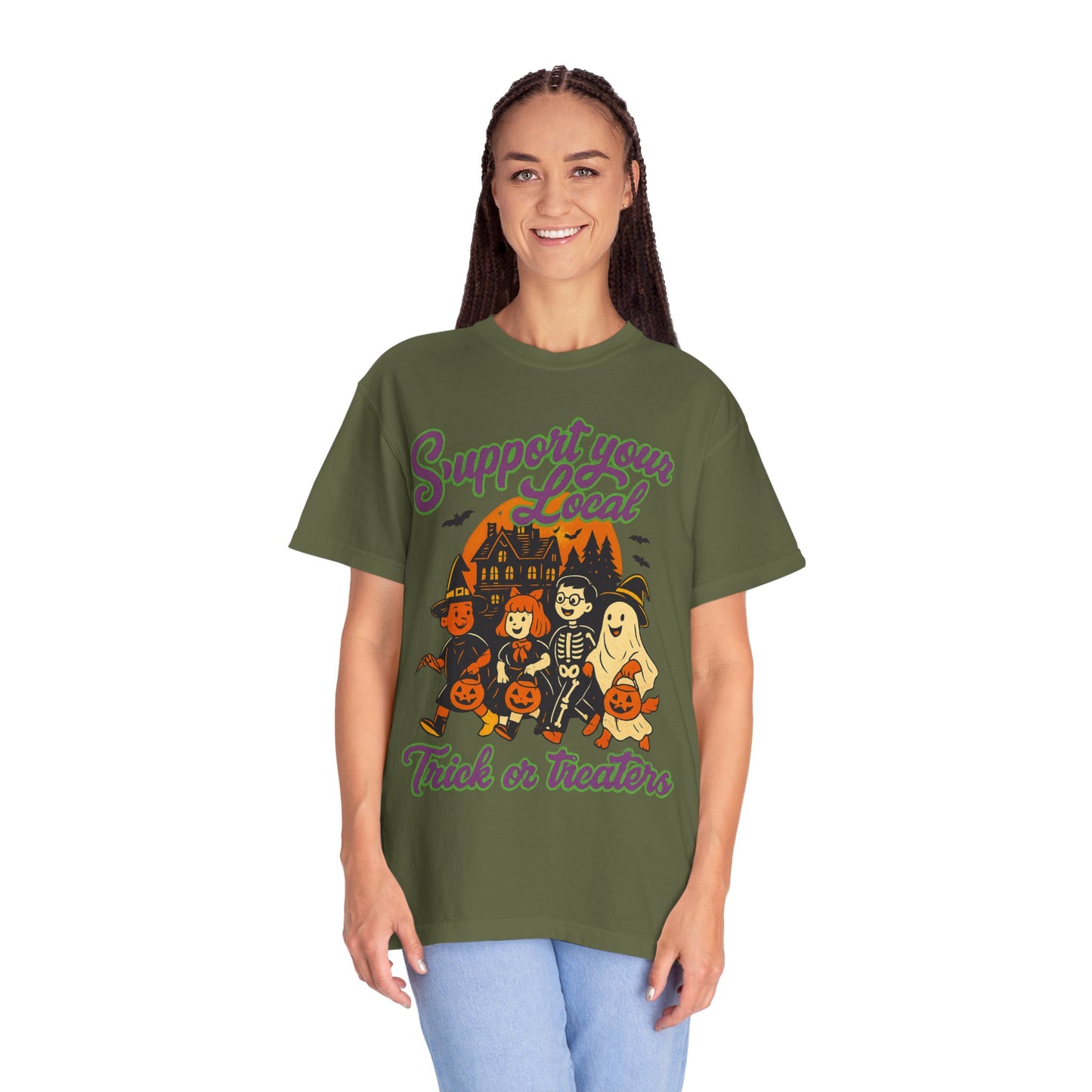 Halloween Support T-Shirt, Youth Trick or Treat Shirt, Garment-Dyed Tee for Kids, Spooky Season Apparel, Holiday Party Top, Fun Costume Wear