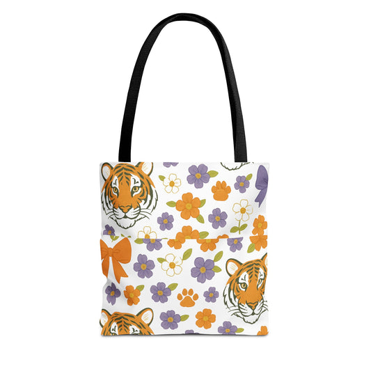 Whimsical Tiger Floral Tote Bag - Clemson Fan Gift, Graduation Gift, Alumni Gift, Cute Eco-Friendly Shopping Bag, Beach Bag, Gift for Animal Lovers, Spring & Summer Accessory