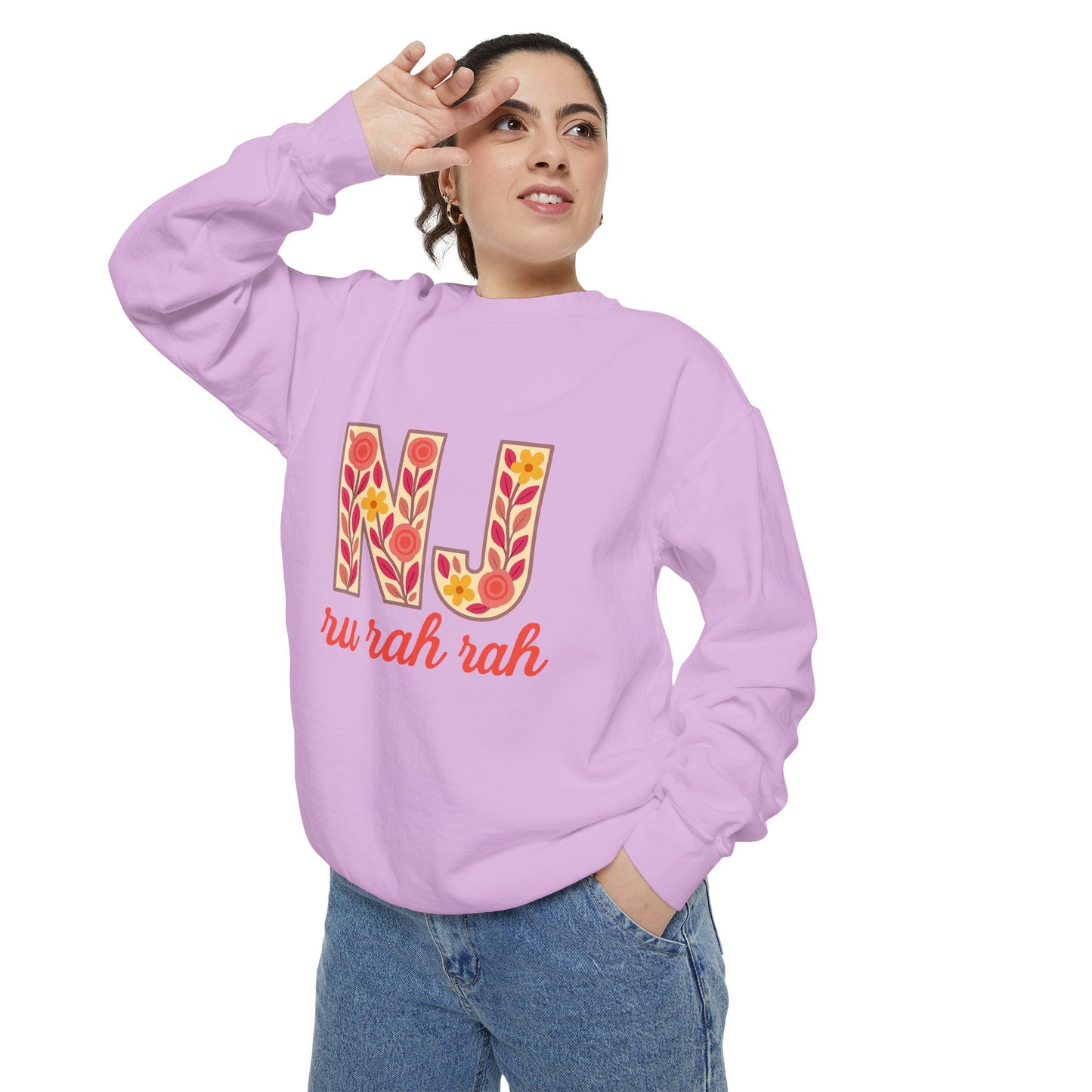 Cheerful NJ Garment-Dyed Sweatshirt, Cozy Unisex Pullover for School Spirit, Fall Fashion, Gift for College Students, Relaxed Fit