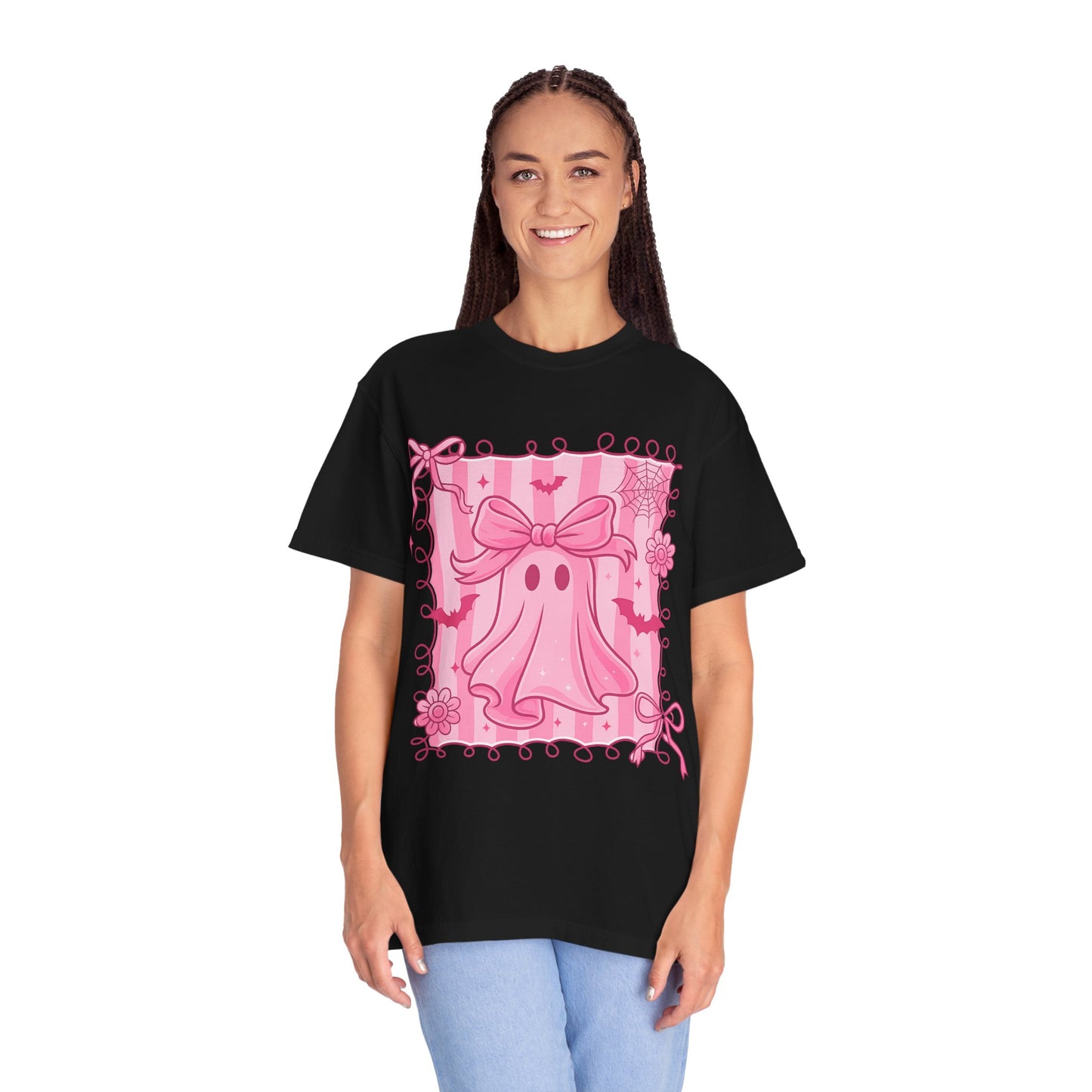 Cute Pink Ghost Graphic T-Shirt, Pink Halloween Tee, Unisex Garment-Dyed Top, Spooky Style for Fall, Trick or Treat Fashion