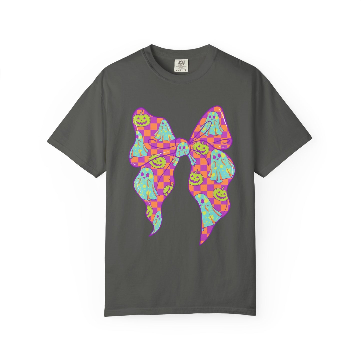 Neon Checkered Ghost Bow T-Shirt - Fun Lovers Halloween Unisex Tee