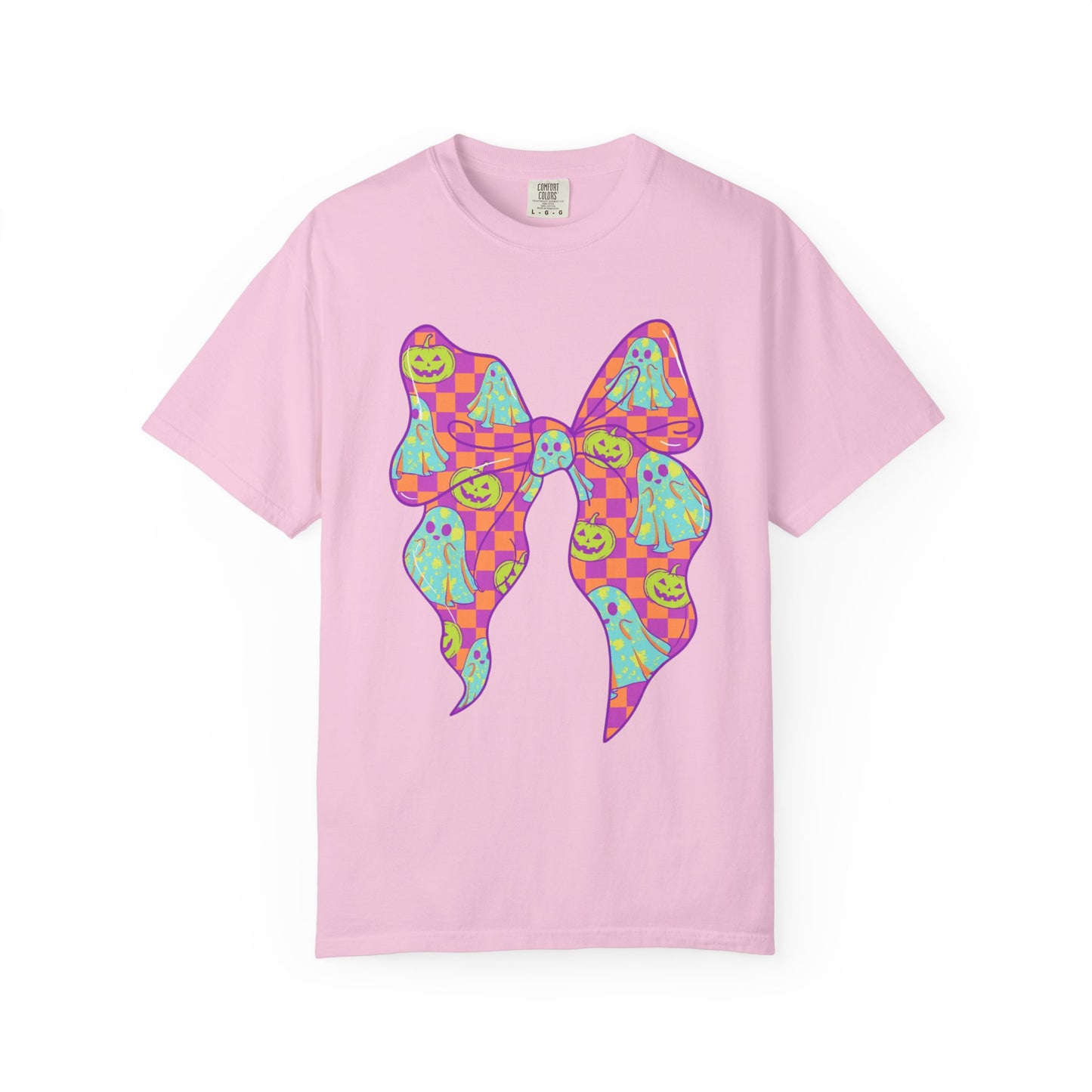 Neon Checkered Ghost Bow T-Shirt - Fun Lovers Halloween Unisex Tee