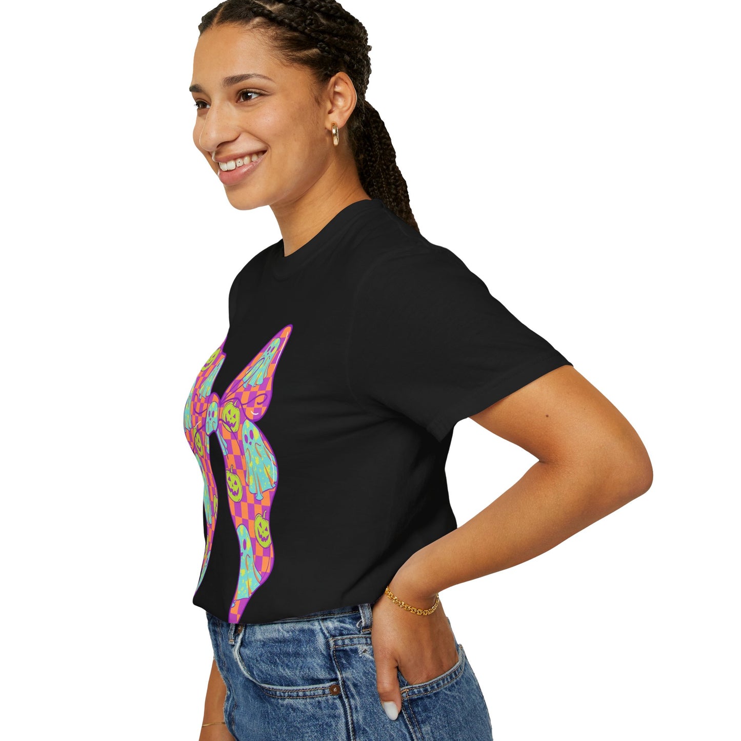 Neon Checkered Ghost Bow T-Shirt - Fun Lovers Halloween Unisex Tee