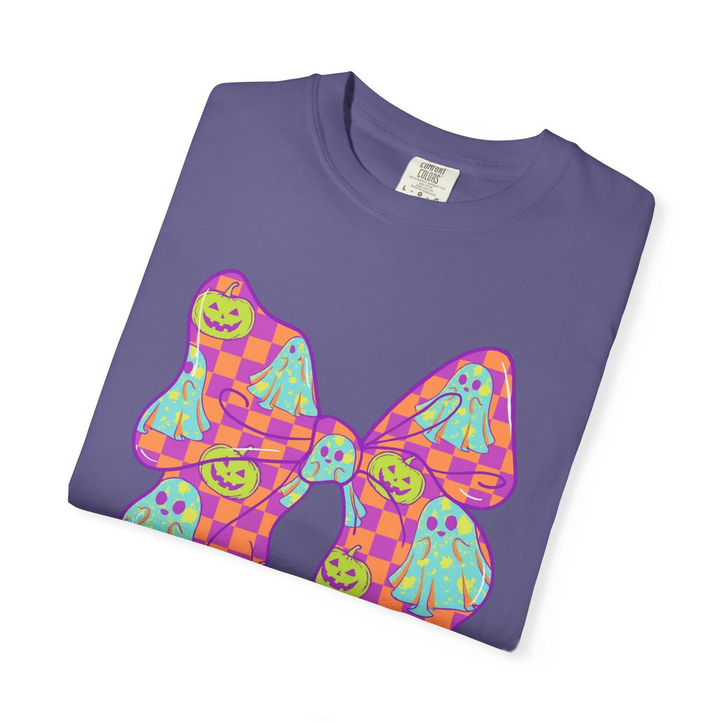 Neon Checkered Ghost Bow T-Shirt - Fun Lovers Halloween Unisex Tee