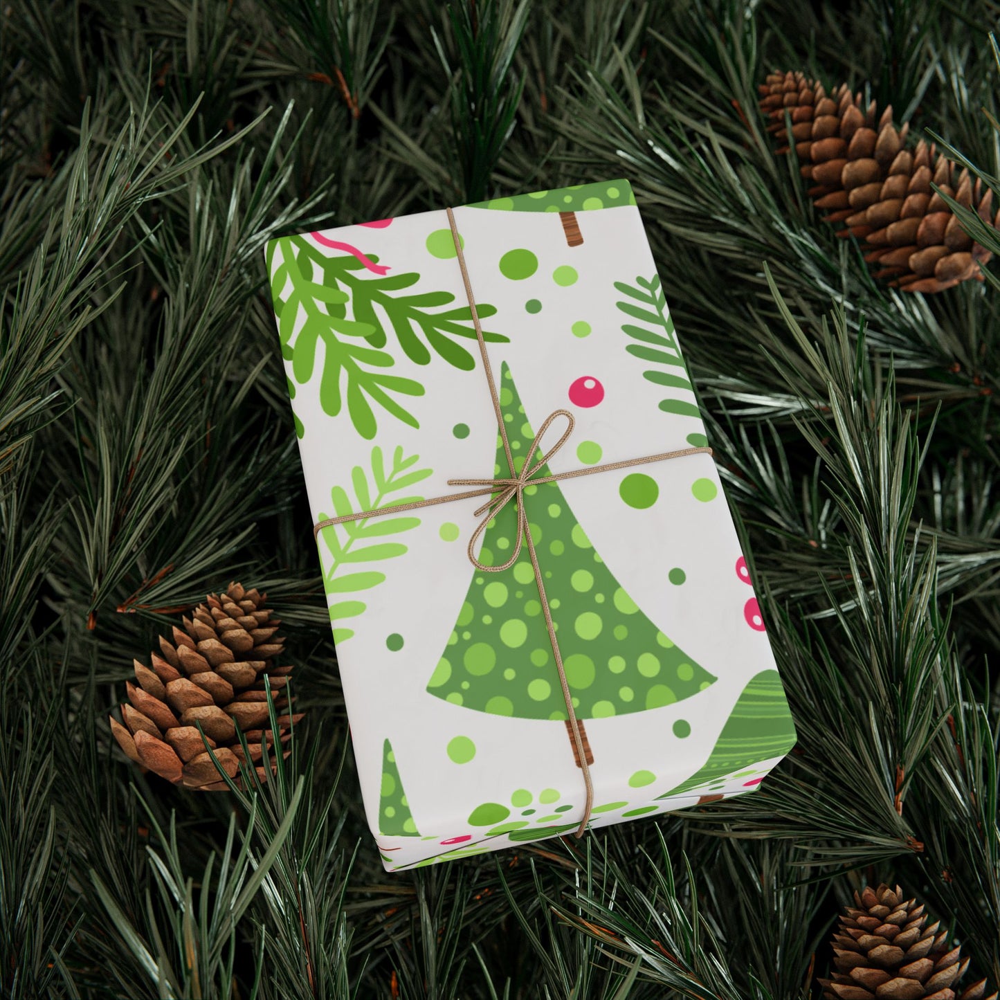 Festive Holiday Wrapping Paper with Green Trees and Bows