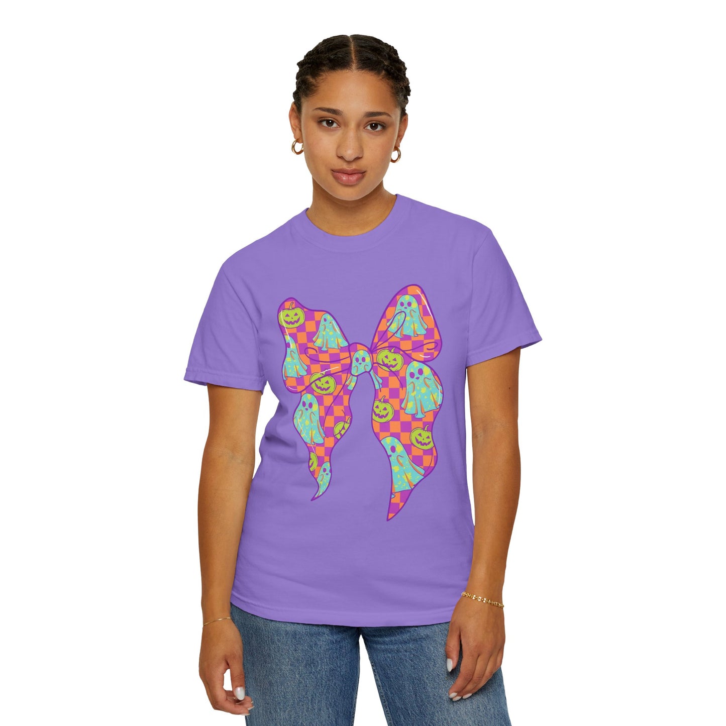 Neon Checkered Ghost Bow T-Shirt - Fun Lovers Halloween Unisex Tee