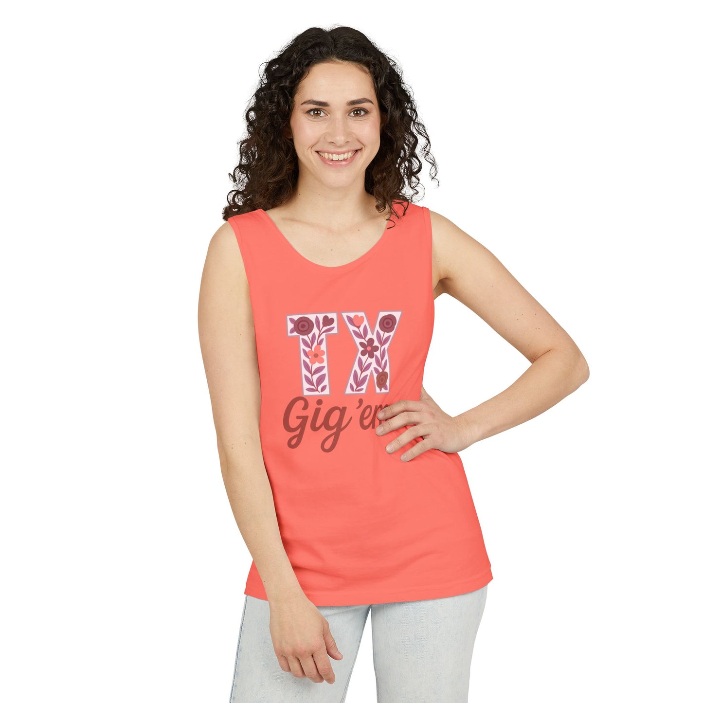 Texas Gig 'Em Tank Top, Unisex Summer Apparel, Cute Floral Design, Perfect for College Fans, Gifts, Comfort Colors, Graduation Gift