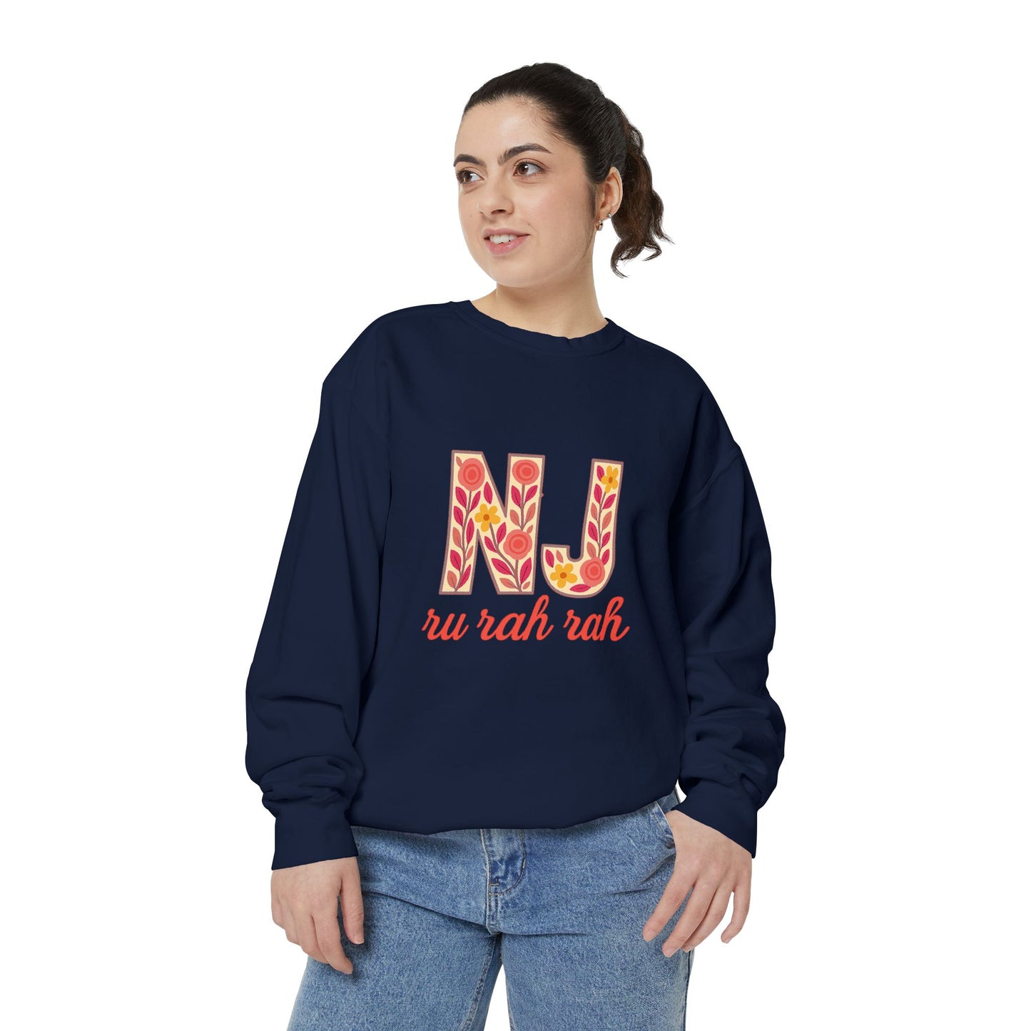 Cheerful NJ Garment-Dyed Sweatshirt, Cozy Unisex Pullover for School Spirit, Fall Fashion, Gift for College Students, Relaxed Fit