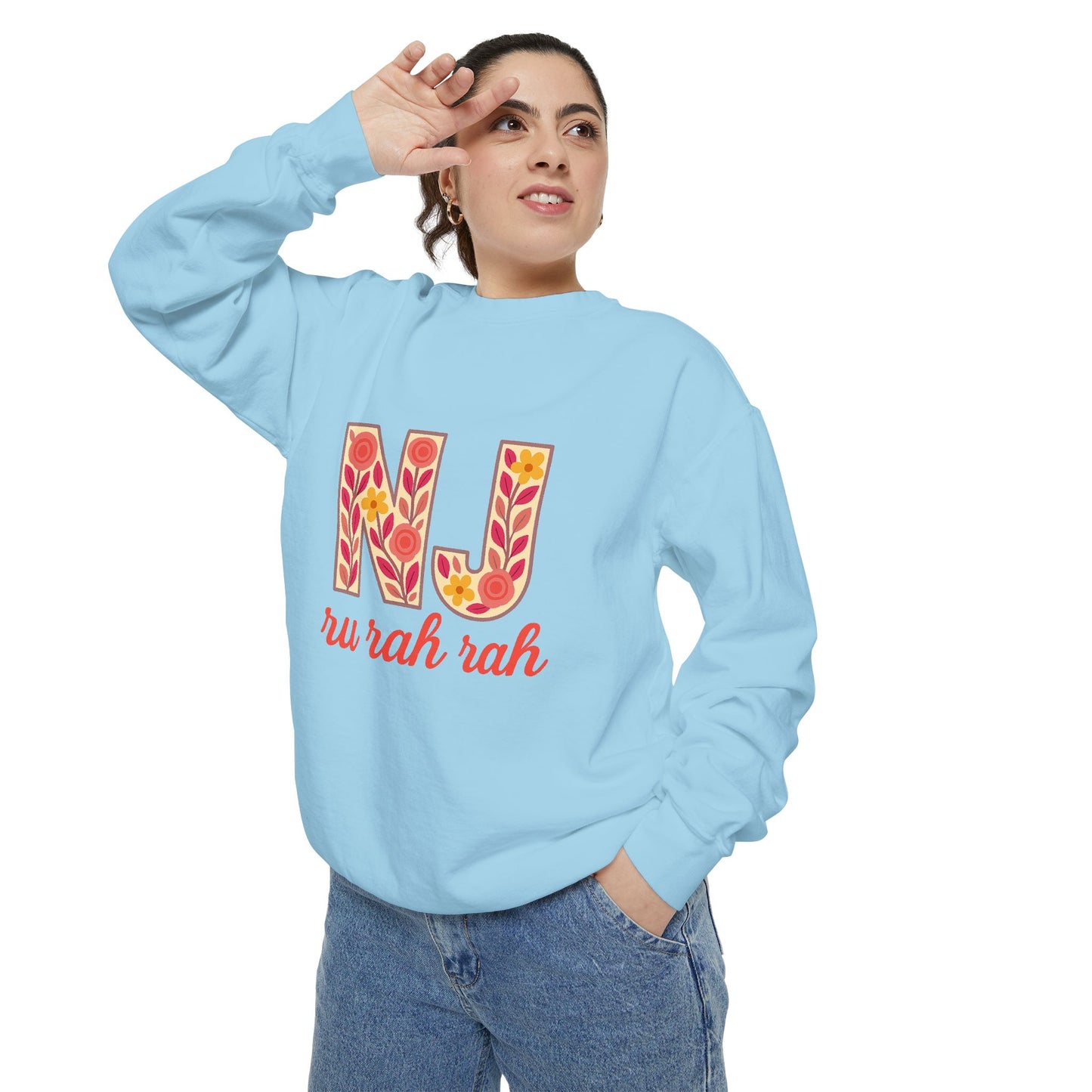 Cheerful NJ Garment-Dyed Sweatshirt, Cozy Unisex Pullover for School Spirit, Fall Fashion, Gift for College Students, Relaxed Fit