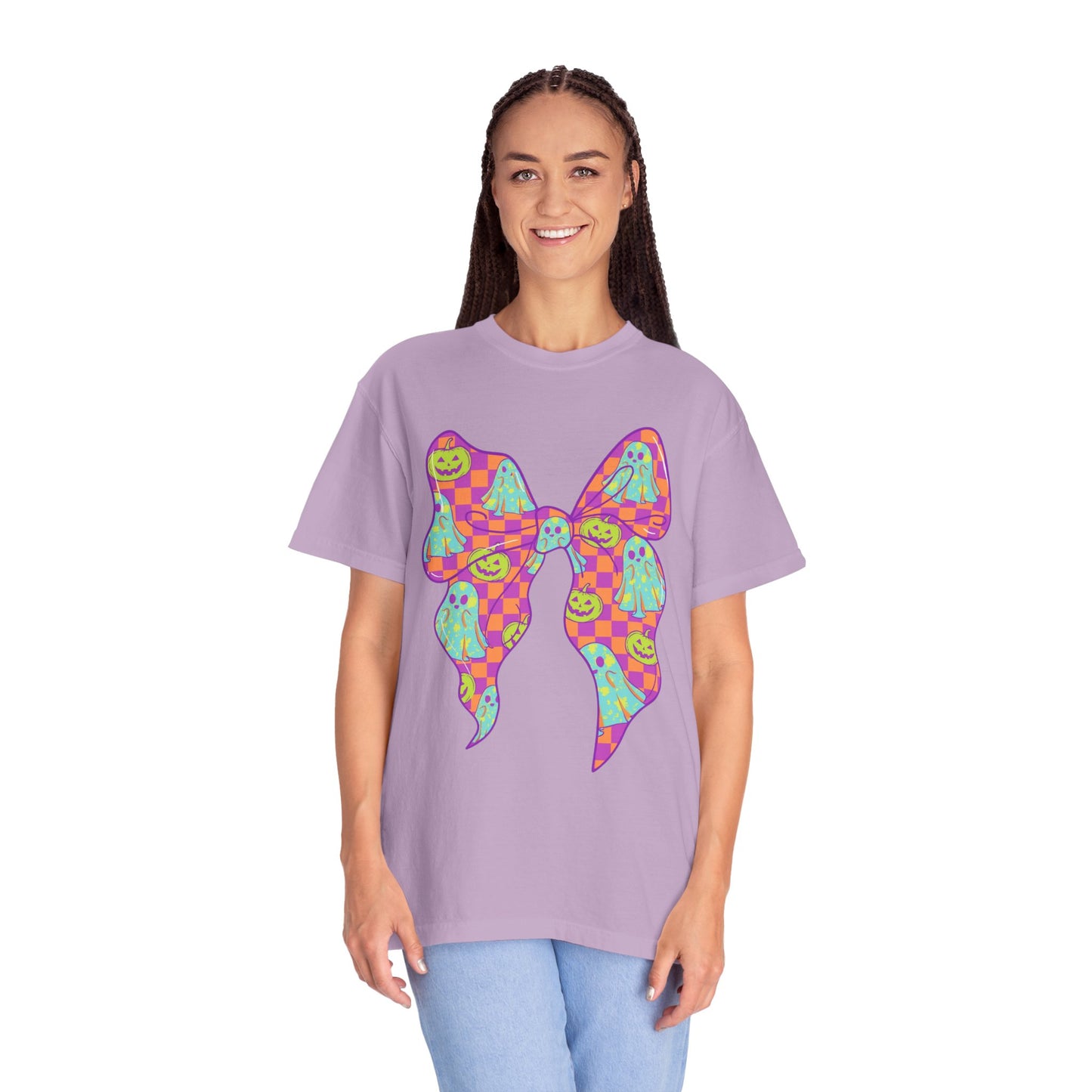Neon Checkered Ghost Bow T-Shirt - Fun Lovers Halloween Unisex Tee