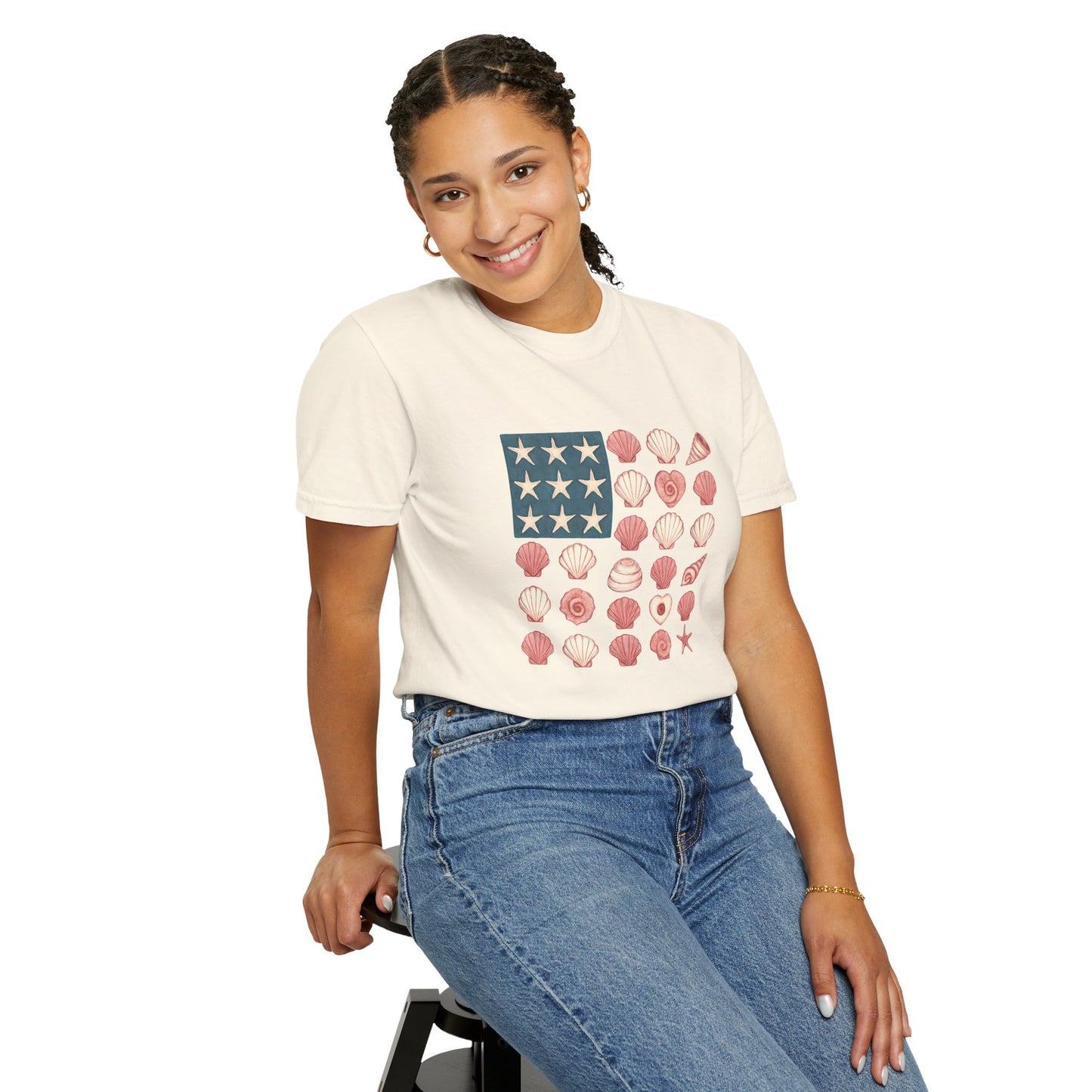 Comfort Colors-Seashell Flag T-Shirt, Unisex, American Flag, Beach Vibes, Nautical Gift, Summer Vibes, July 4th